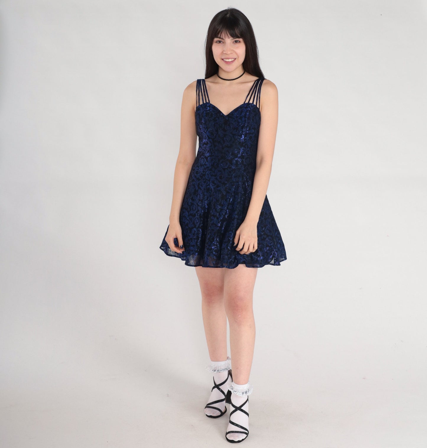 80s Black Metallic Blue Swirl Mini Dress Sweetheart Neckline XS
