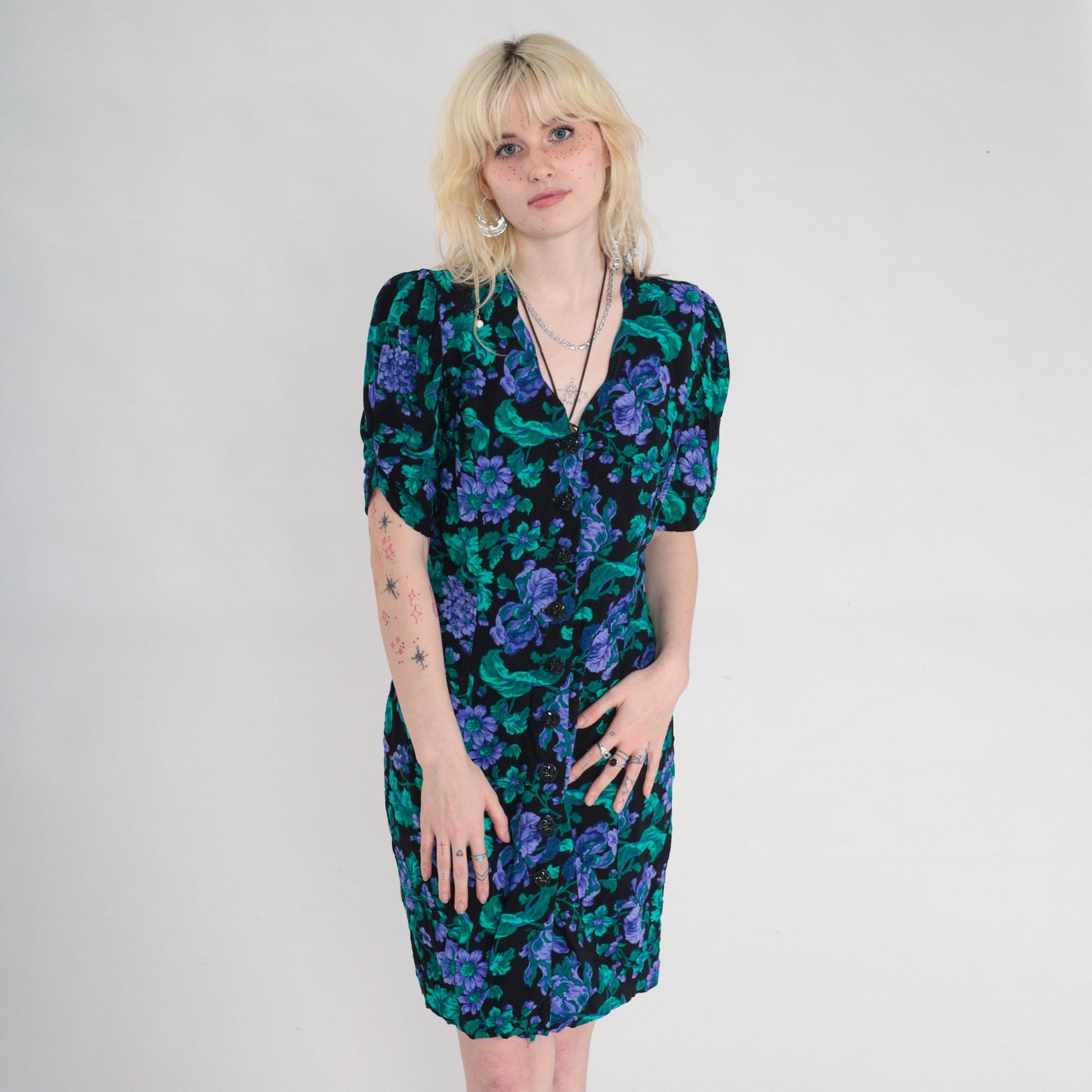90s All That Jazz Floral Mini Dress Black Puff Sleeve V-Neck Medium