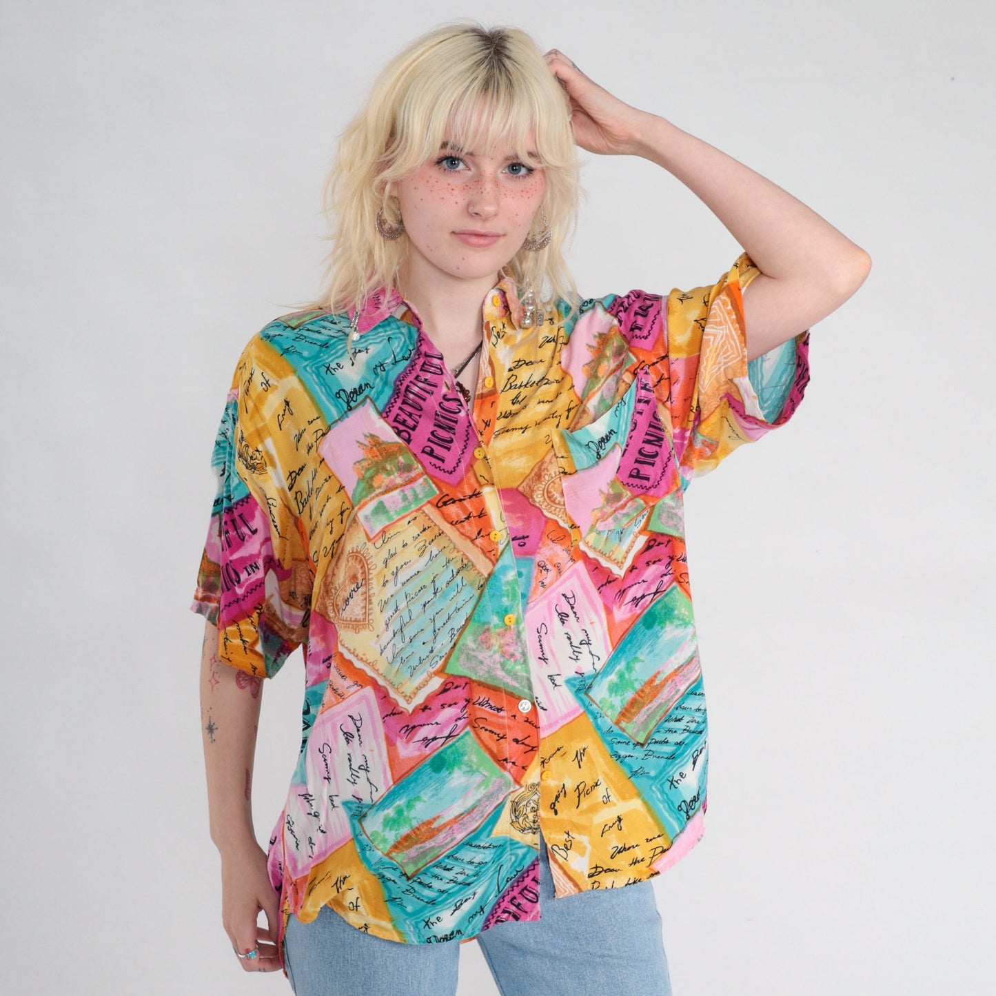 90s Postcard Travel Print Button-Up Blouse Tropical Shirt Multicolor Large L