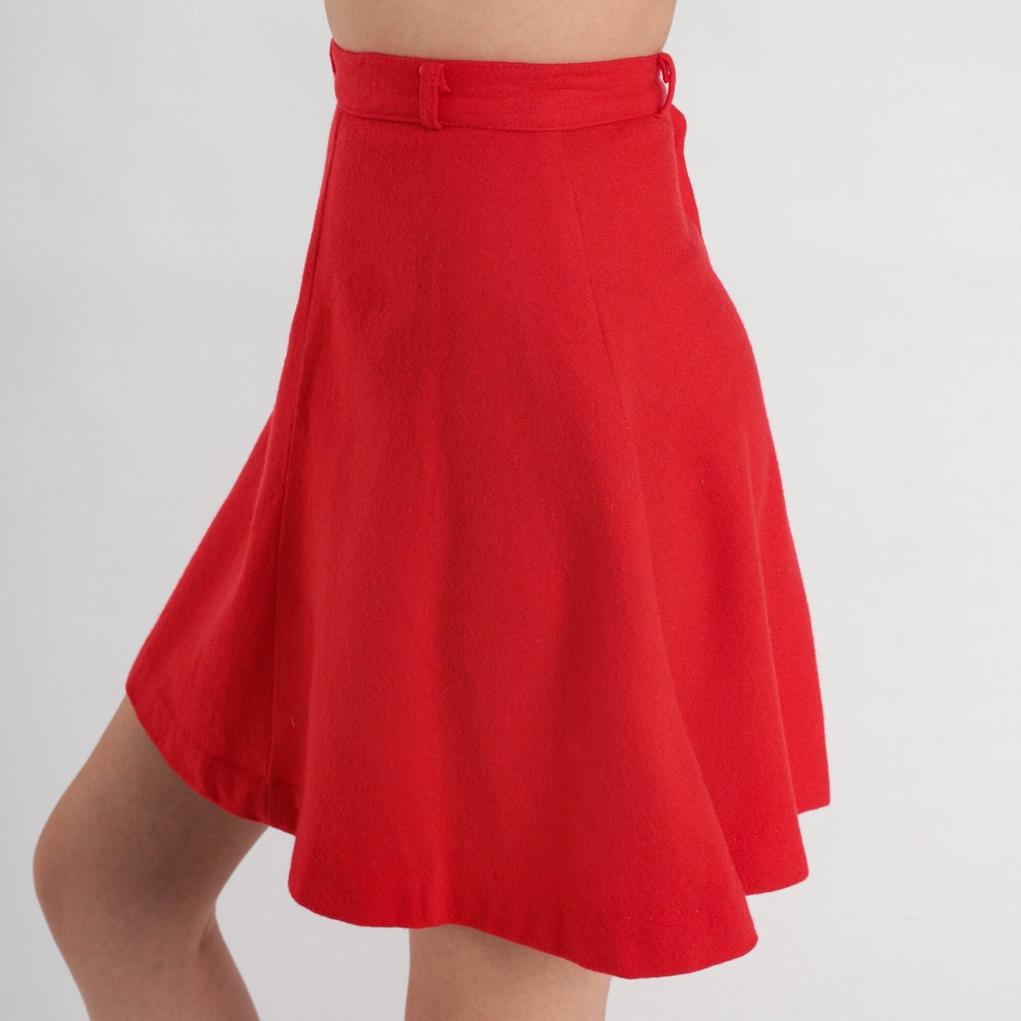 60s Red Wool A-Line Mini Skirt High Waisted Rear Zip XXS