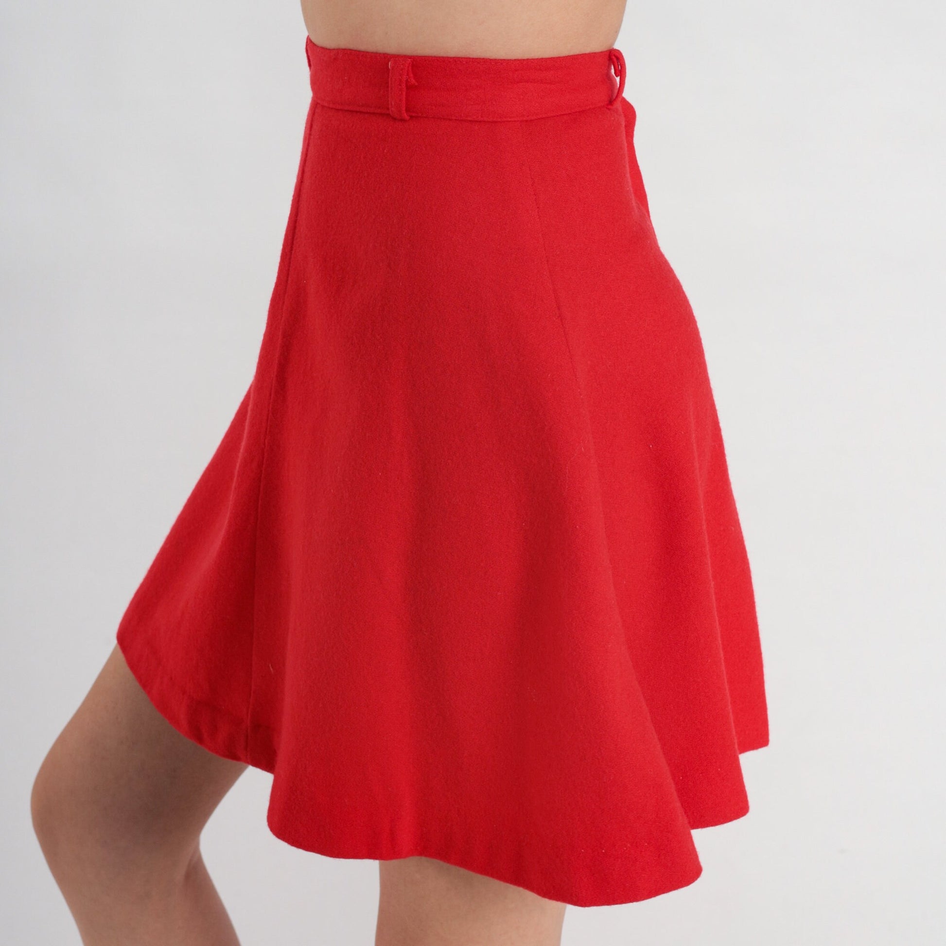 60s Red Wool A-Line Mini Skirt High Waisted Rear Zip XXS