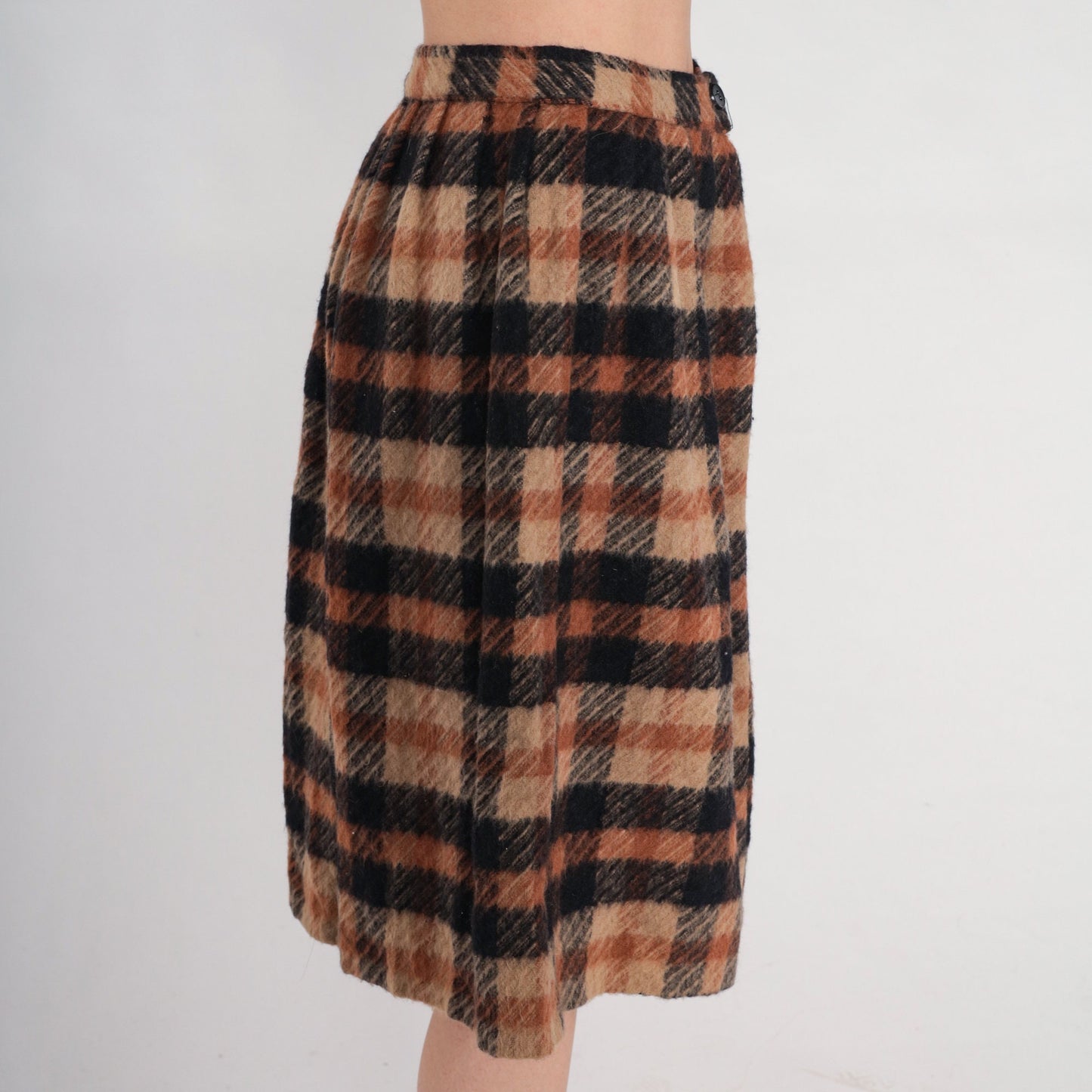 70s Brown Black Plaid Pleated Knee-Length Skirt High Waist Small
