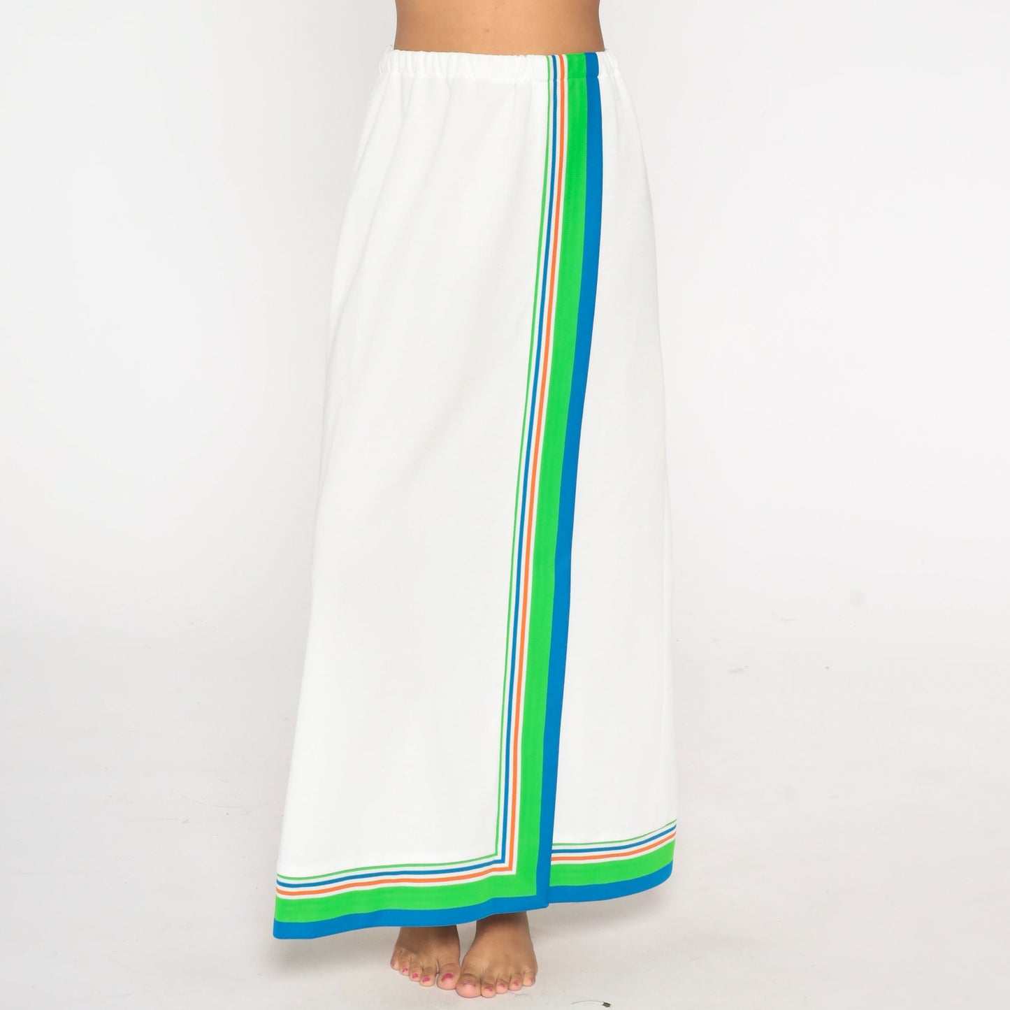 70s White Striped Maxi Skirt High Waist Long Vintage Medium Large