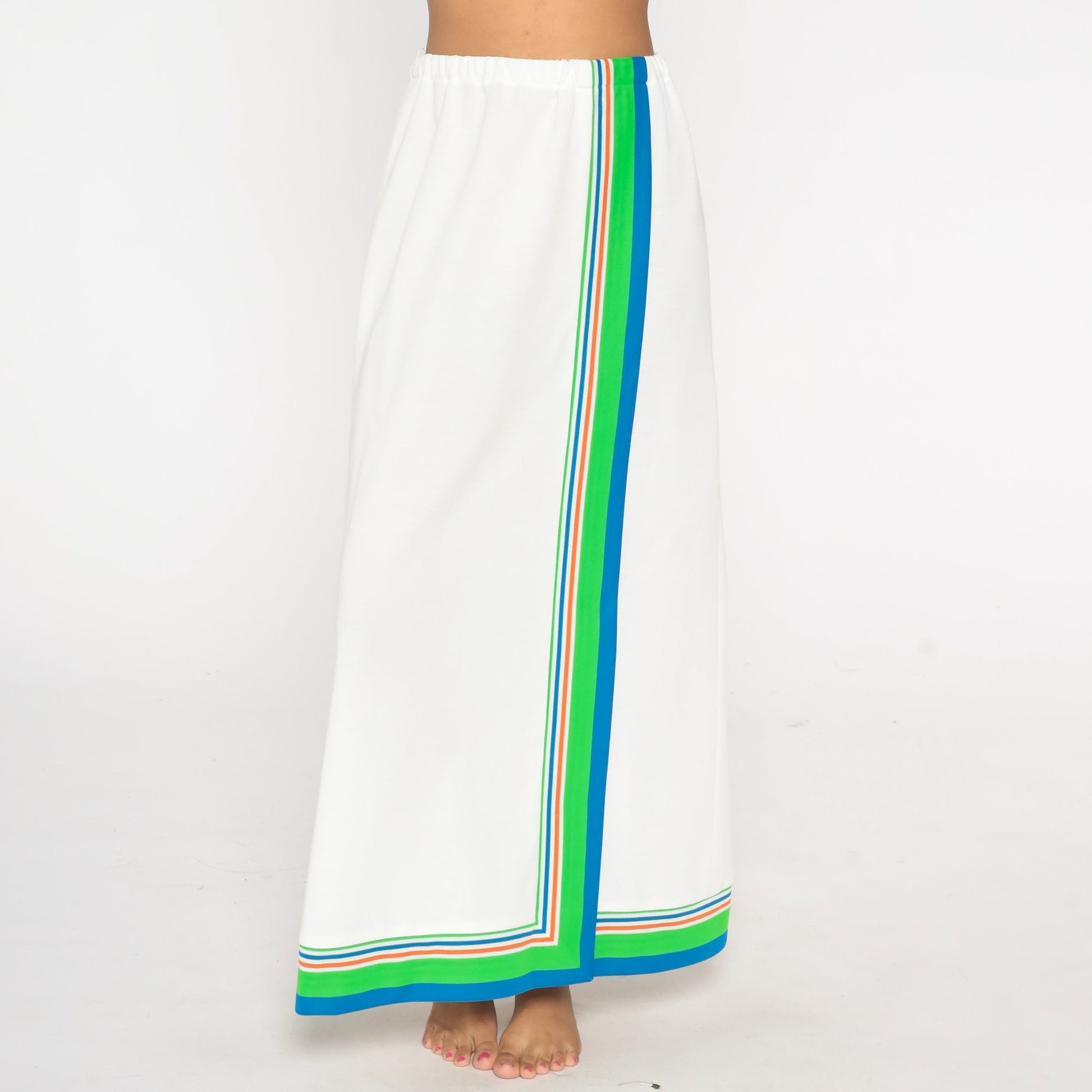 70s White Striped Maxi Skirt High Waist Long Vintage Medium Large
