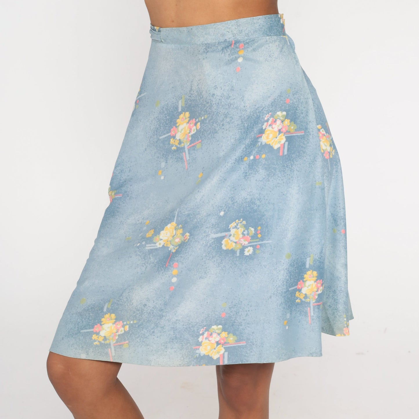 70s Blue Floral Wrap Skirt High Waist Mini Adjustable Belt Small Medium
