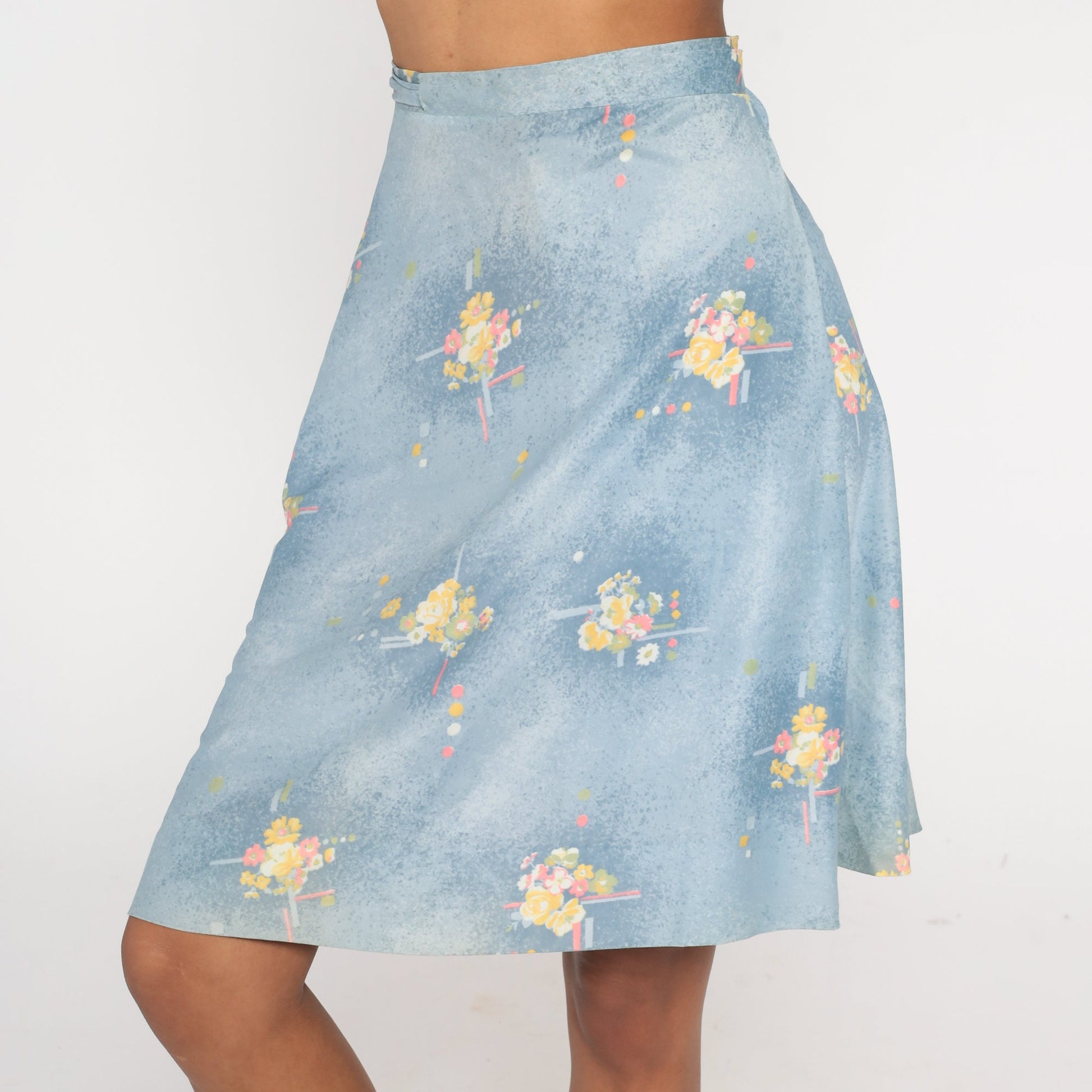 70s Blue Floral Wrap Skirt High Waist Mini Adjustable Belt Small Medium