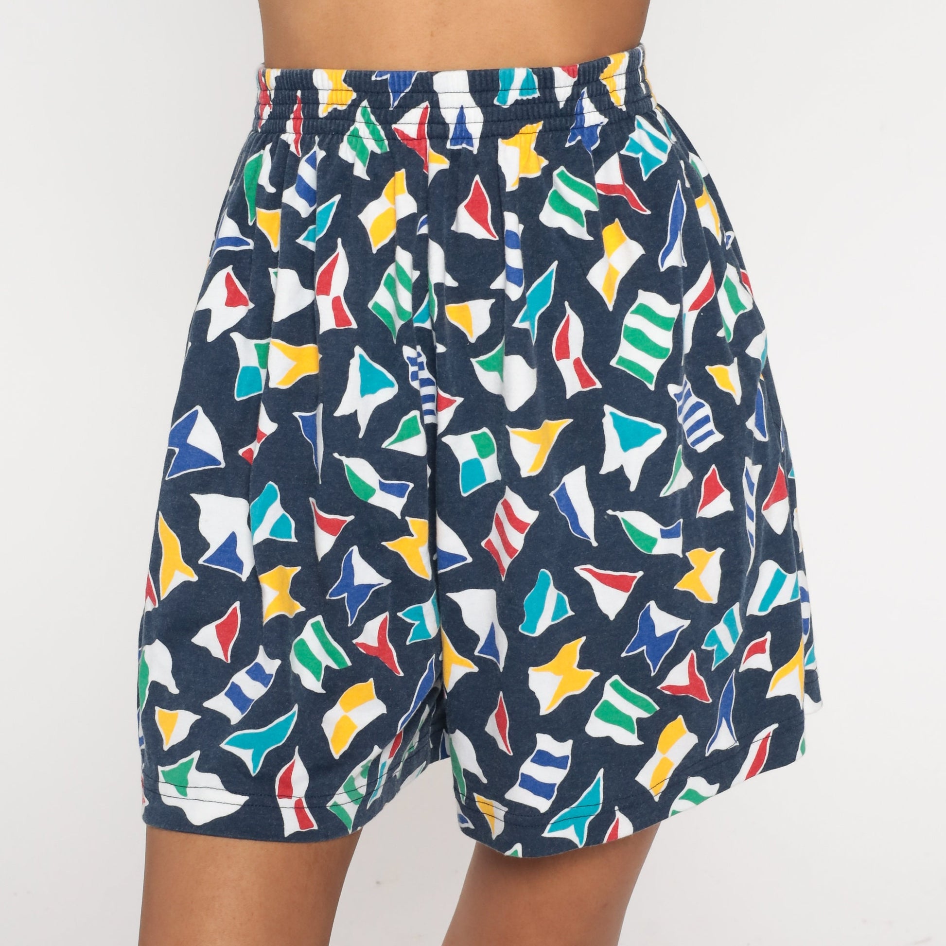 90s Nautical Flag Shorts Dark Blue High Waist Elastic Waist Small