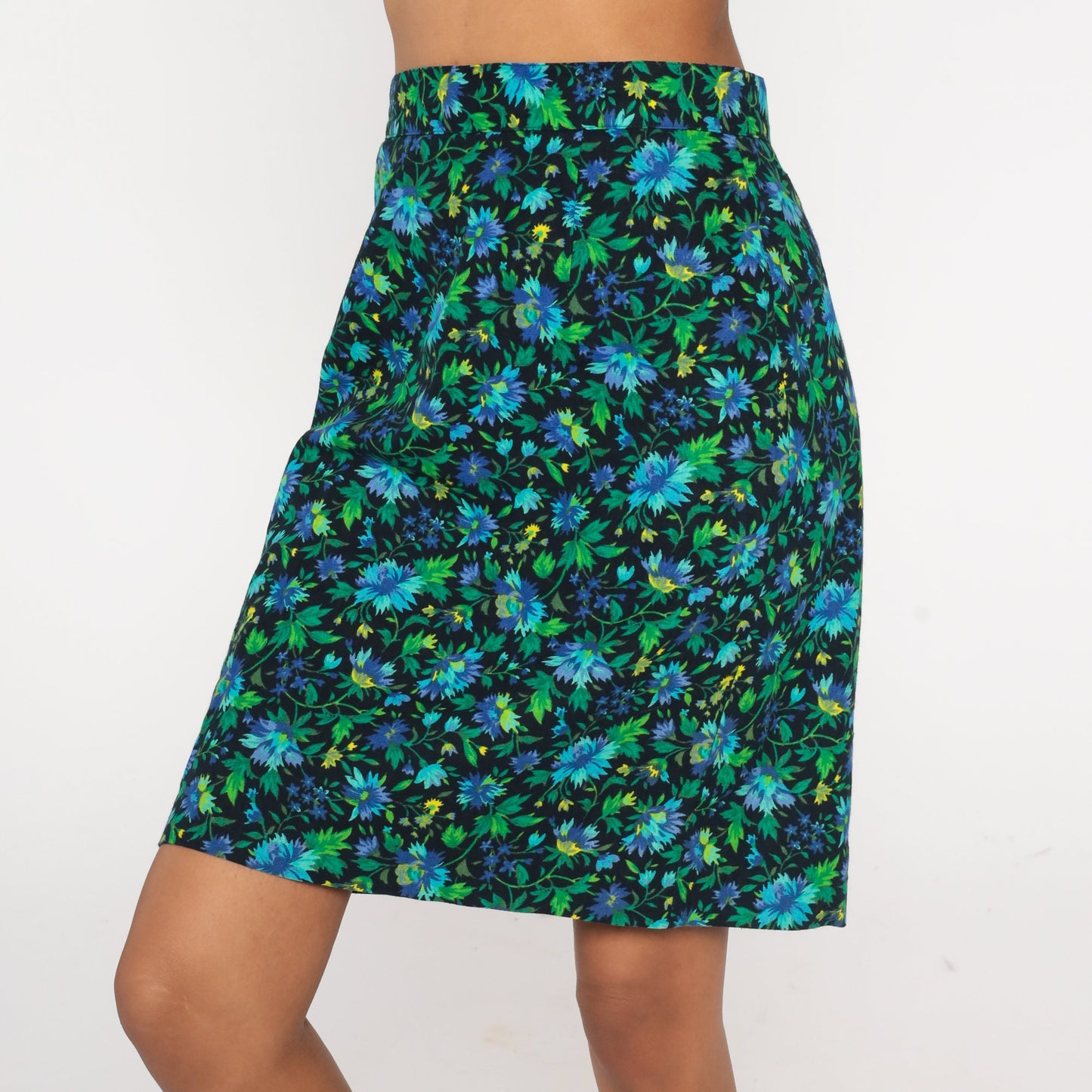 90s United Colors of Benetton Floral Mini Skirt Green Blue High Waist Small