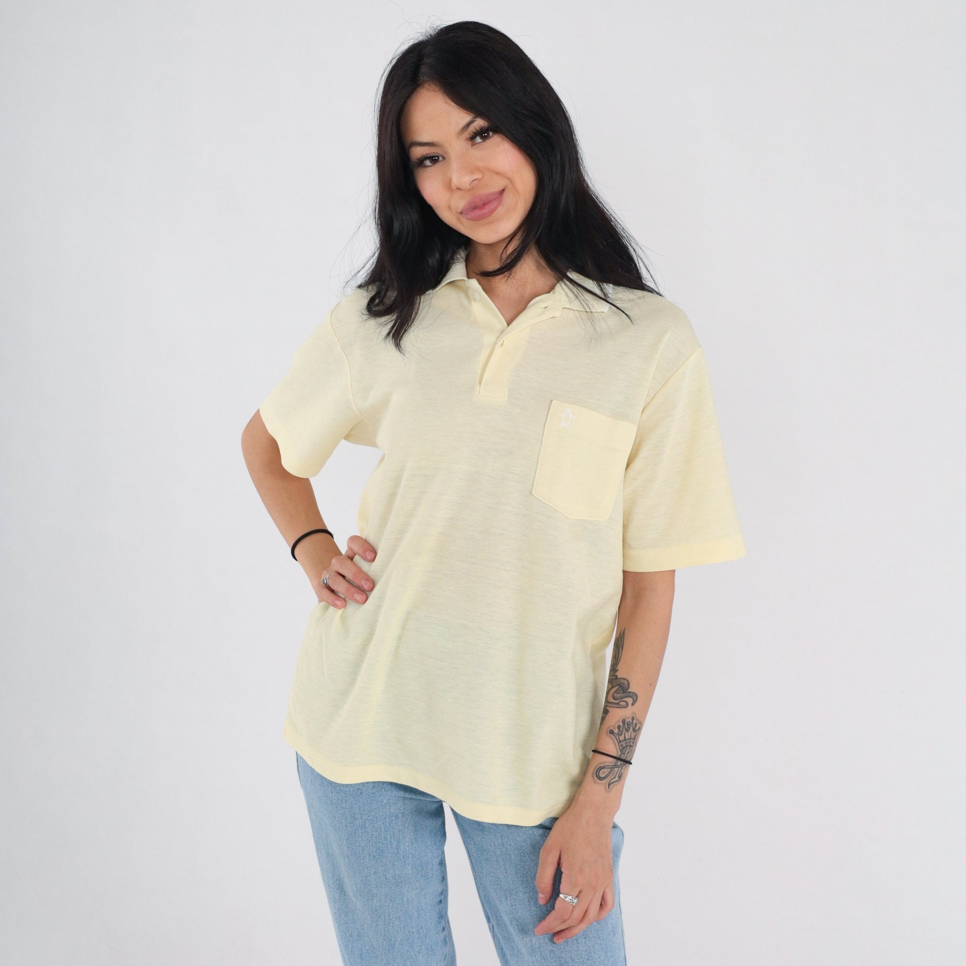 90s Munsingwear Polo Shirt Yellow Penguin Logo Collared Tee Medium M