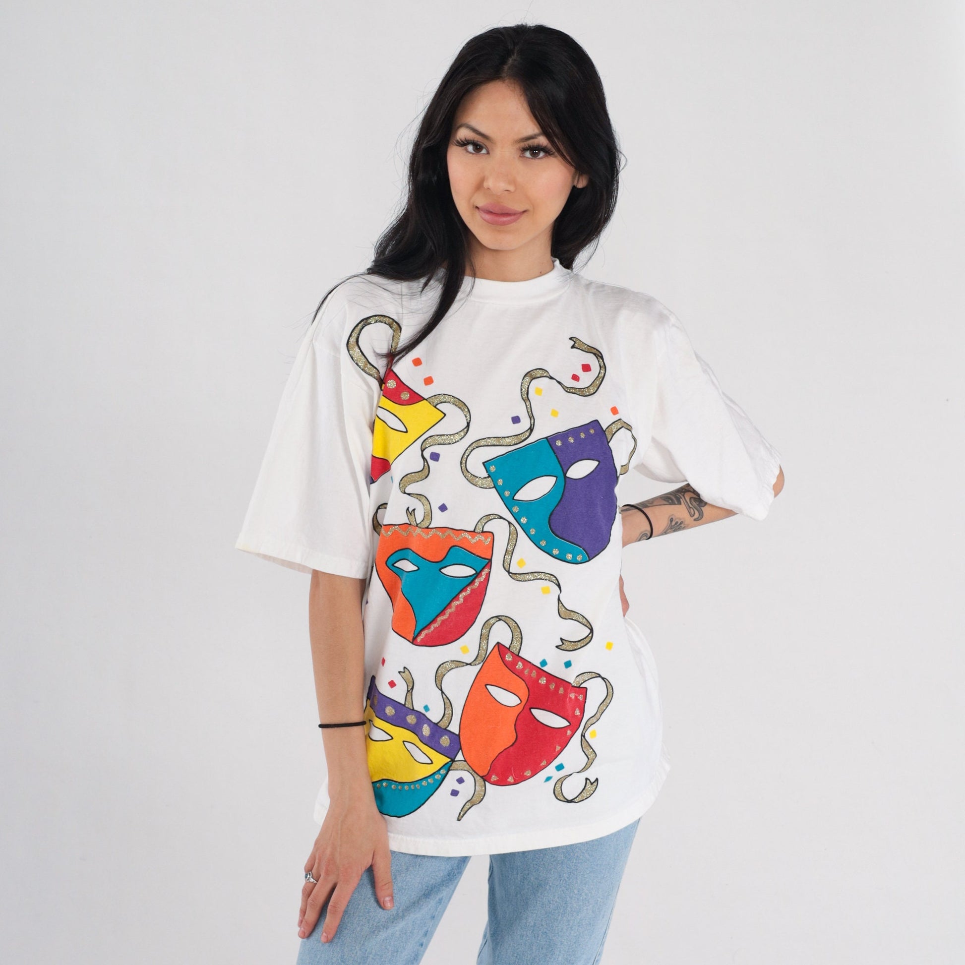 90s Glitter Drama Masks Graphic T-Shirt White Sparkly Theater Tee Small