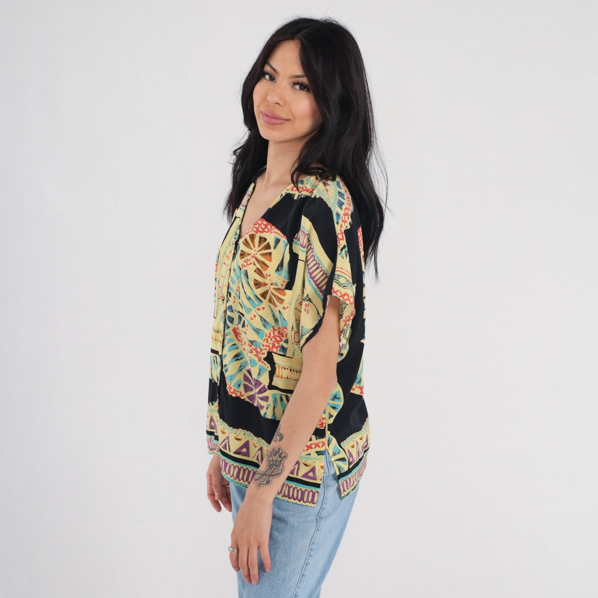 90s Abstract Print Button-Up Blouse Multicolor Short Sleeve Medium M