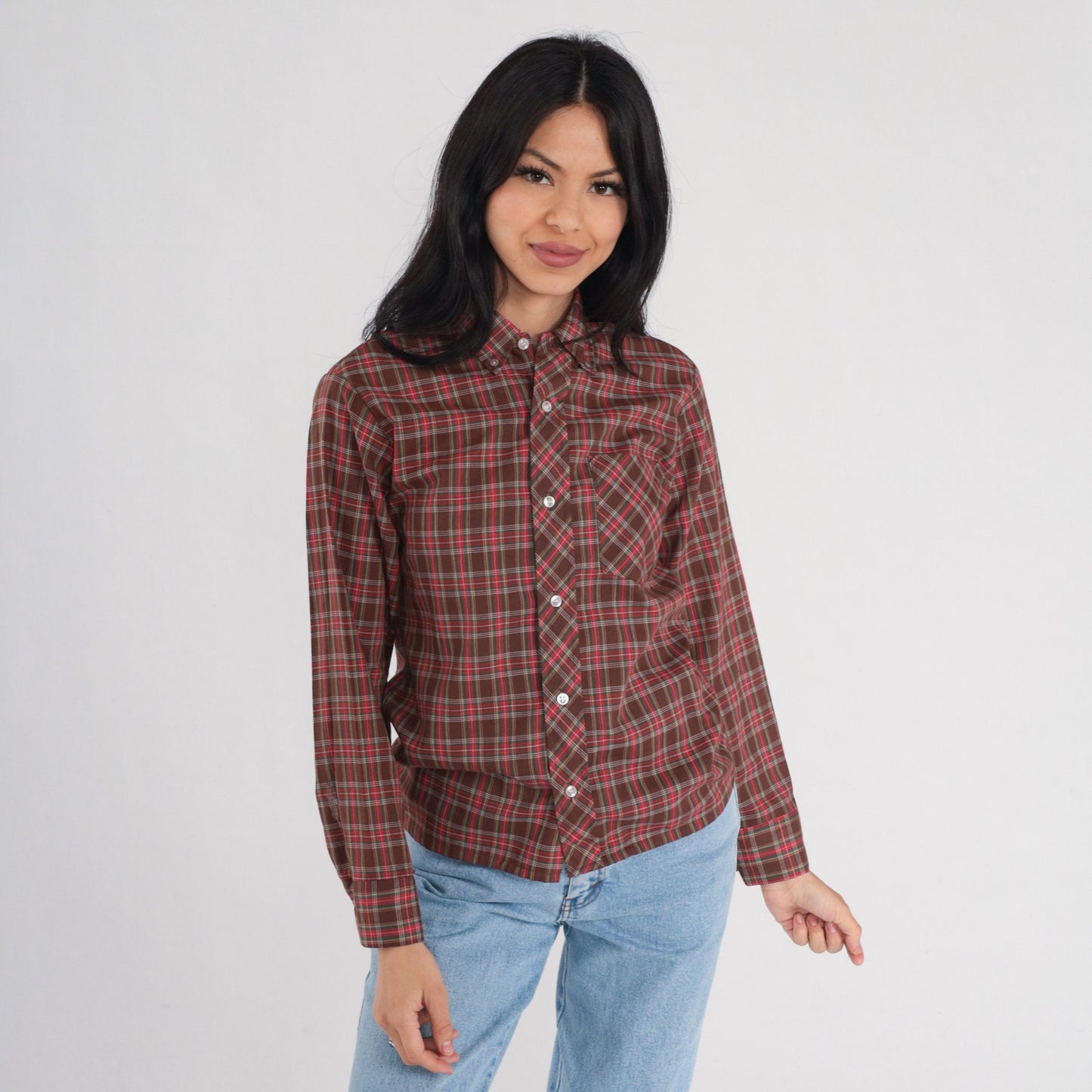 80s Clan Tartans Brown Plaid Button-Up Shirt Long Sleeve Extra Small