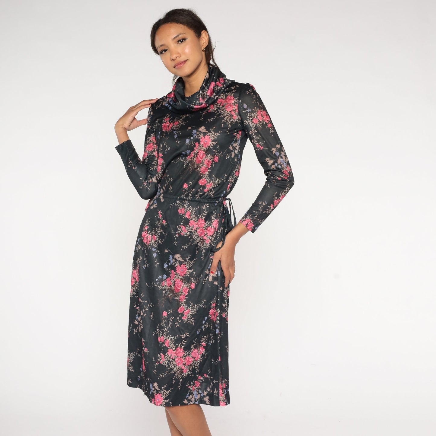 70s Black Floral Midi Dress Cowl Neck High Waist Long Sleeve Small Medium