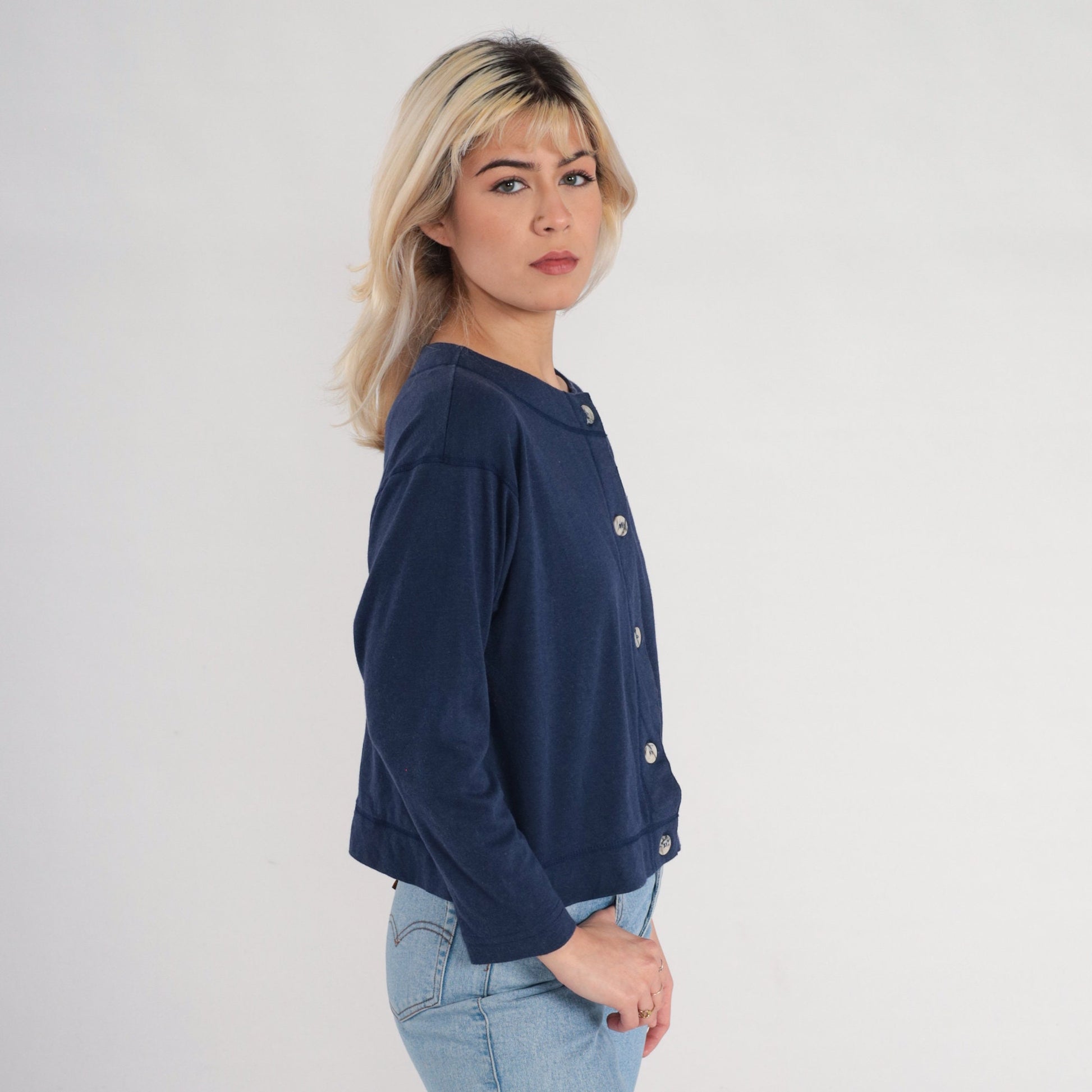 90s Navy Blue Button-Up Shirt Long Sleeve Cotton Blend Small S