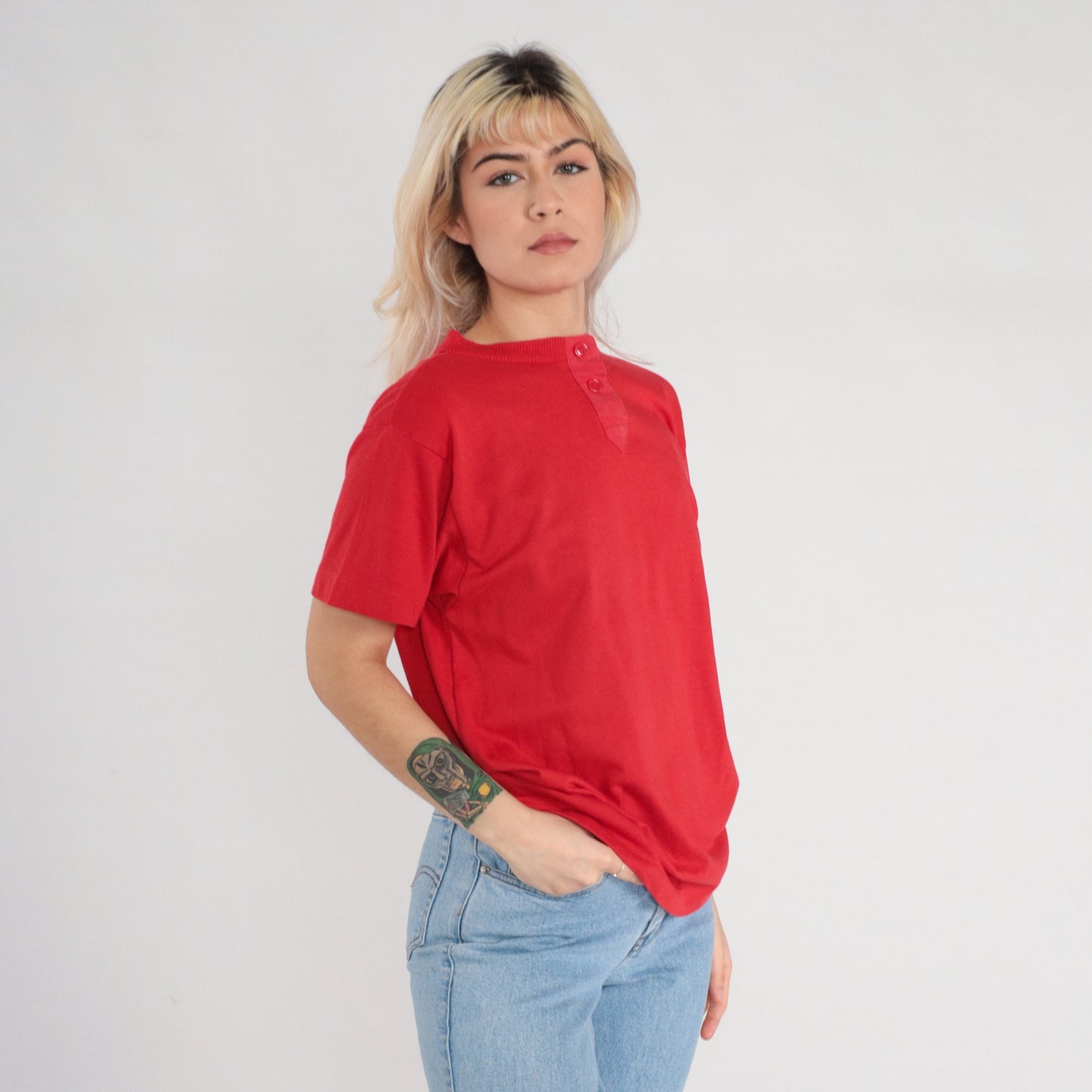 80s Red Henley T-Shirt Single Stitch Cotton Blend Short Sleeve Extra Small