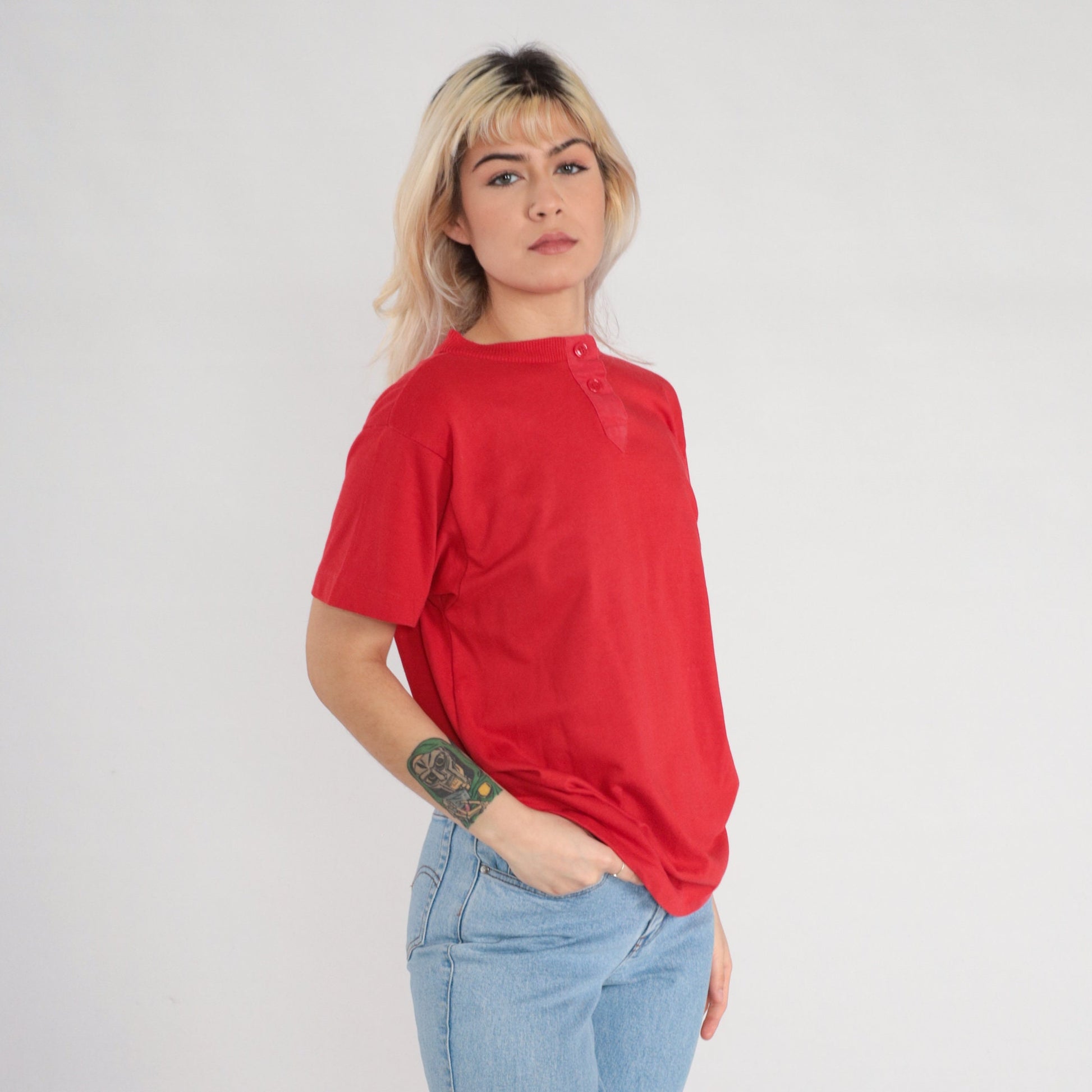 80s Red Henley T-Shirt Single Stitch Cotton Blend Short Sleeve Extra Small