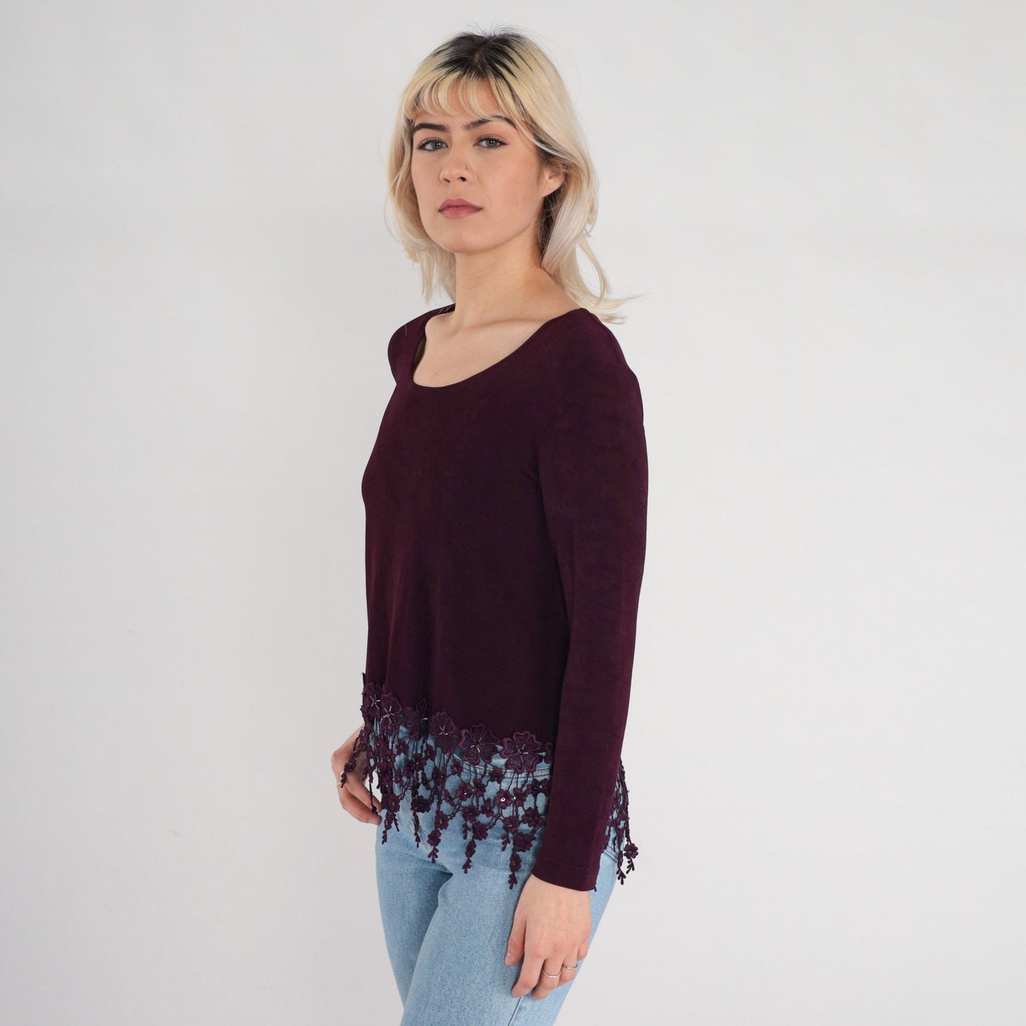 90s Rabbit Rabbit Rabbit Dark Maroon Blouse Crochet Floral Trim Scoop Neck Small