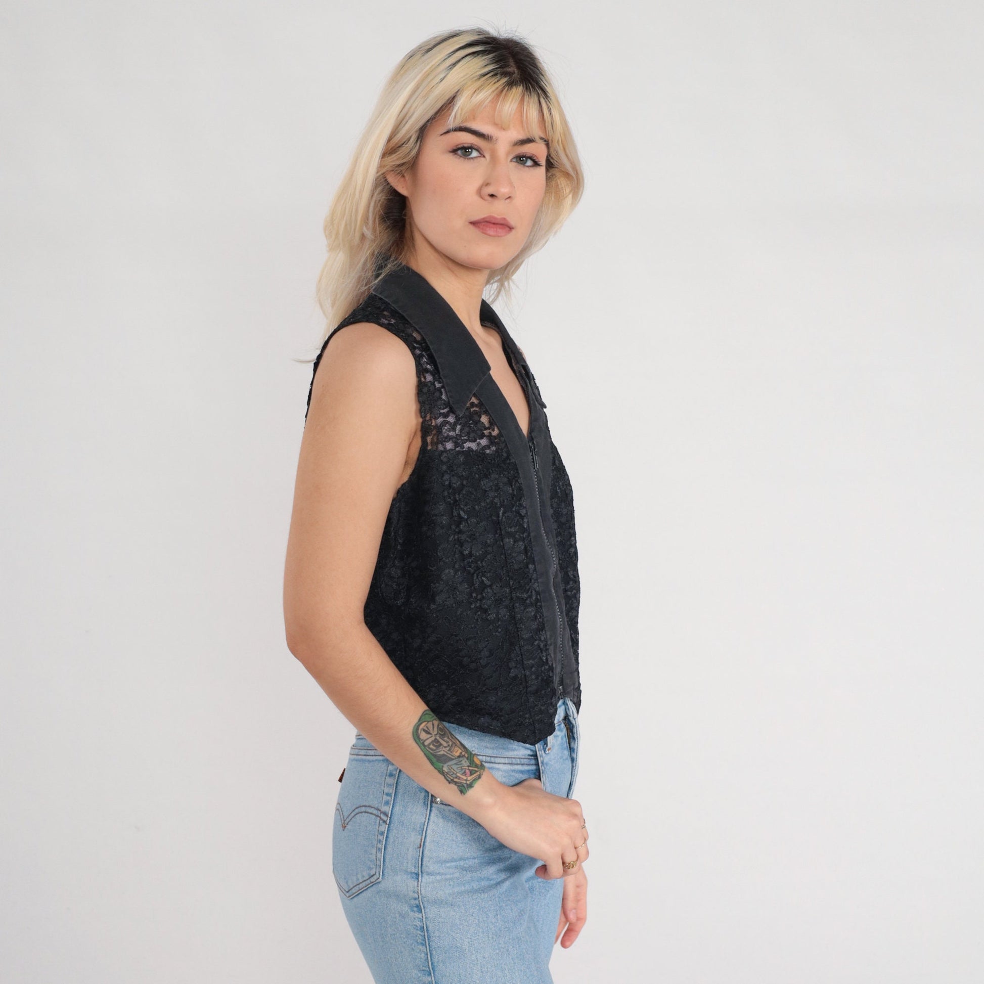 90s Black Lace Floral Vest Sheer Zip-Up Sleeveless Top Medium