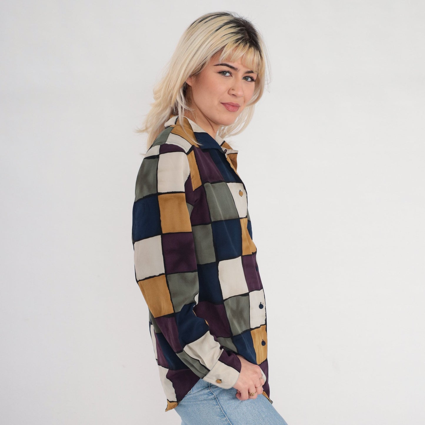 90s Checkered Button Up Blouse Multicolor Checkerboard Print Long Sleeve Medium
