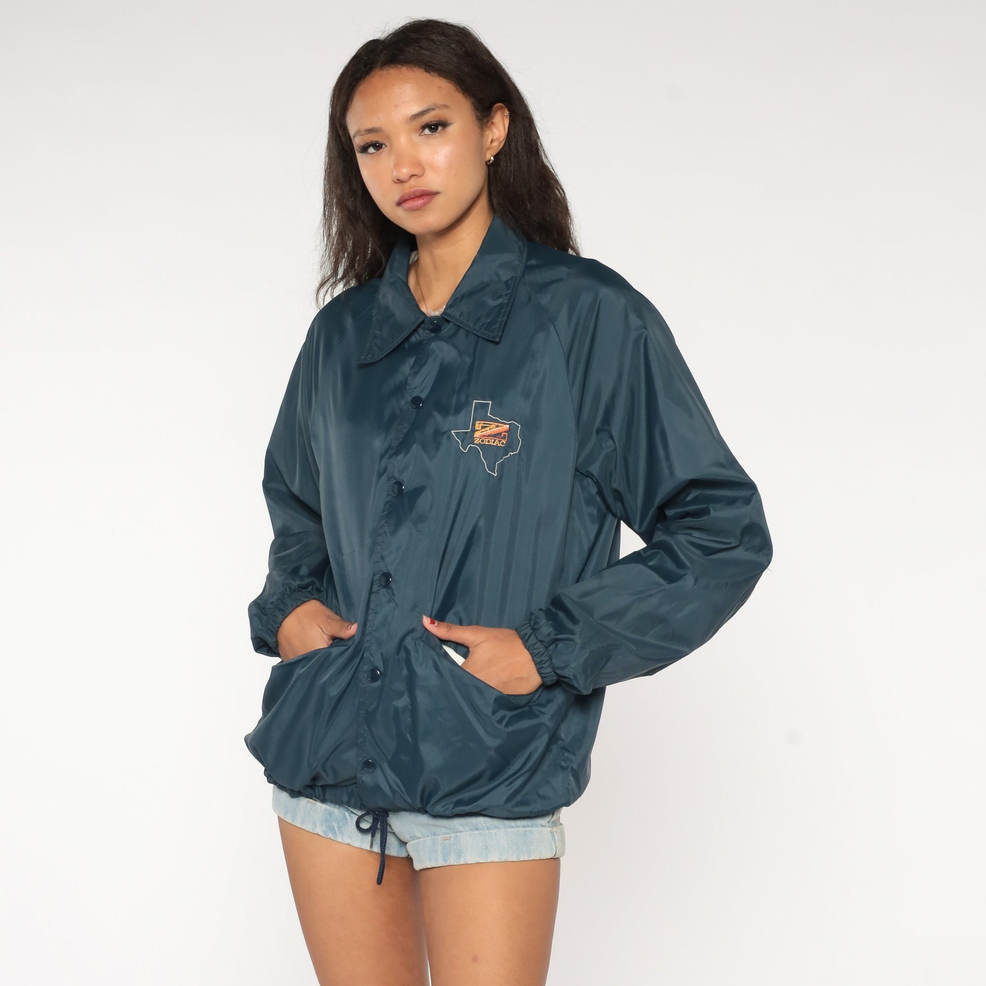 80s Zodiac Texas Map Windbreaker Navy Nylon Snap Jacket Medium