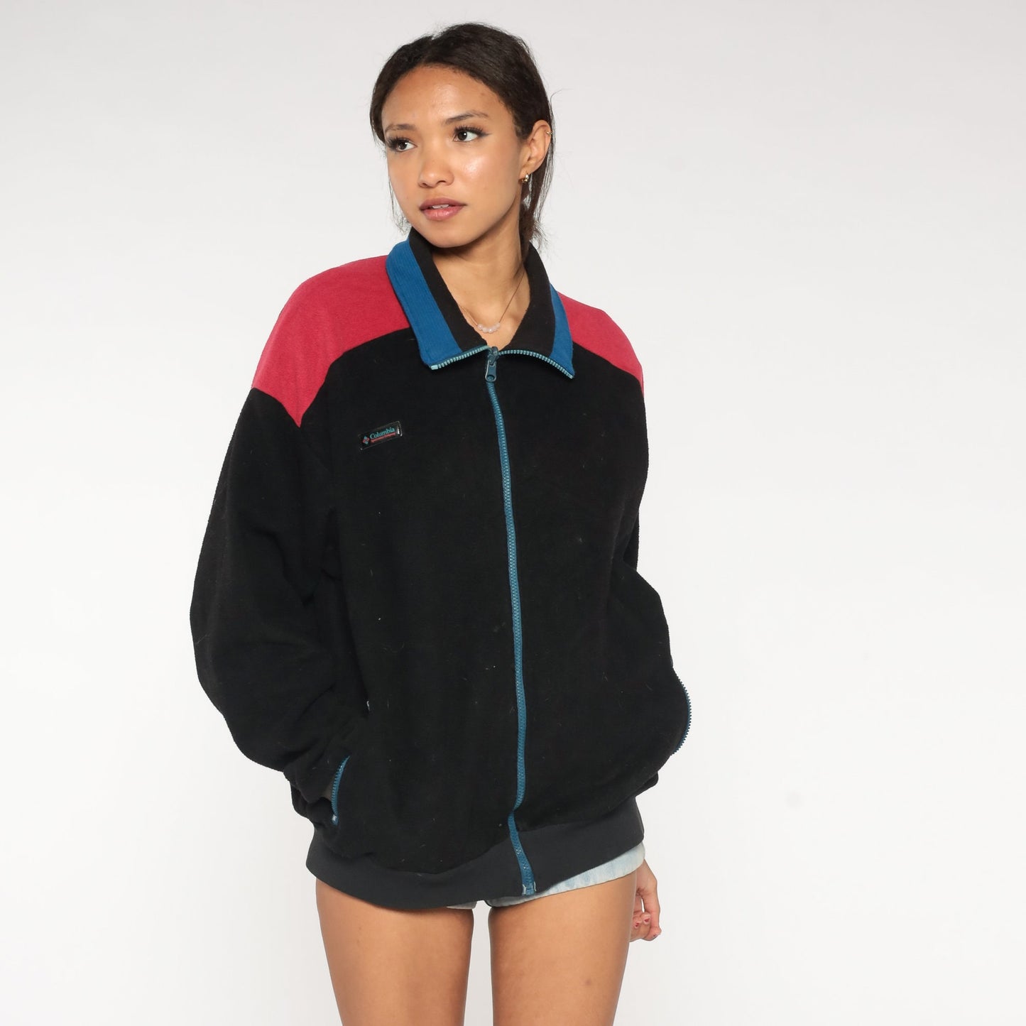 90s Columbia Black Fleece Zip Jacket Red Blue Trim Large L