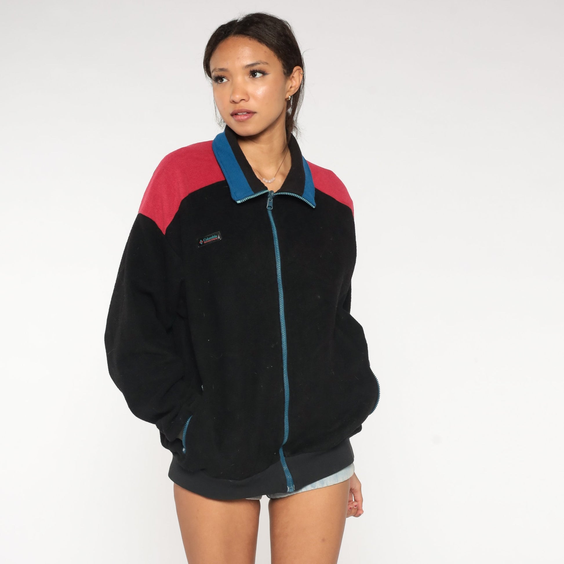 90s Columbia Black Fleece Zip Jacket Red Blue Trim Large L