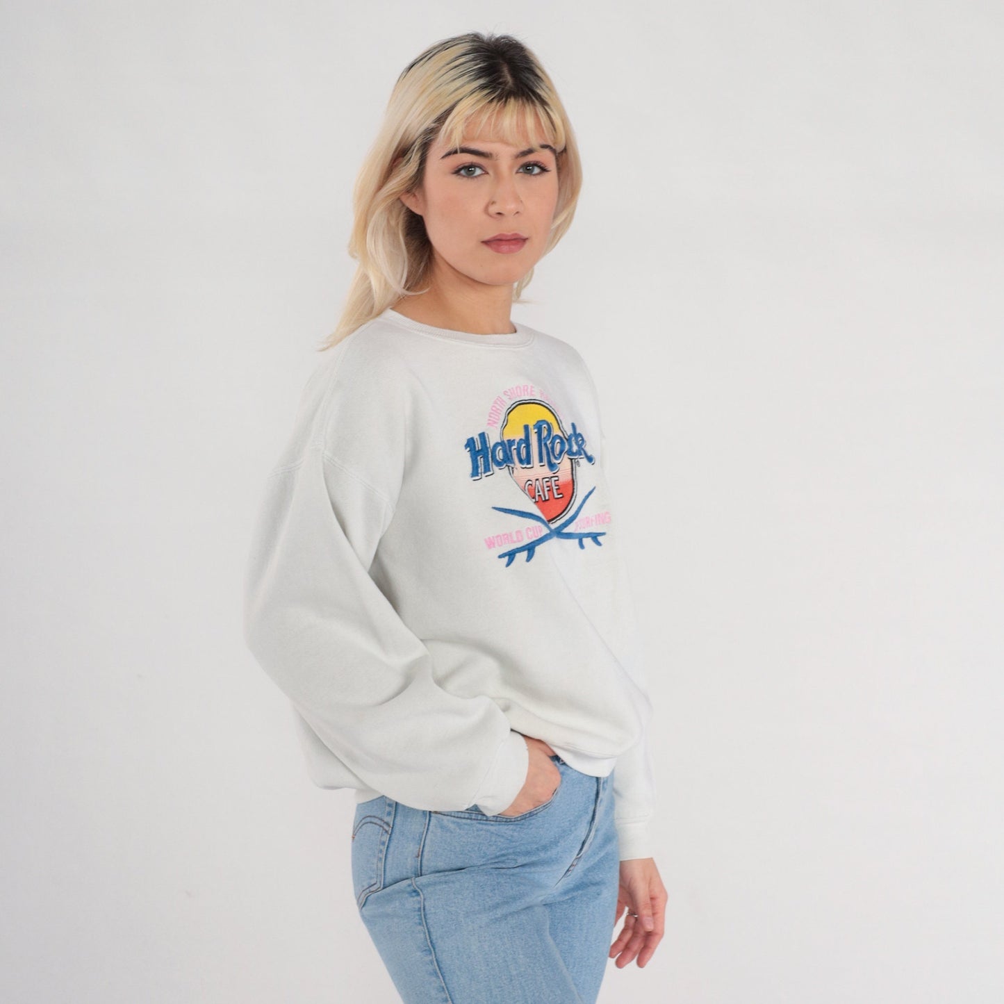 90s Hard Rock Cafe World Cup of Surfing Sweatshirt White Graphic Large L