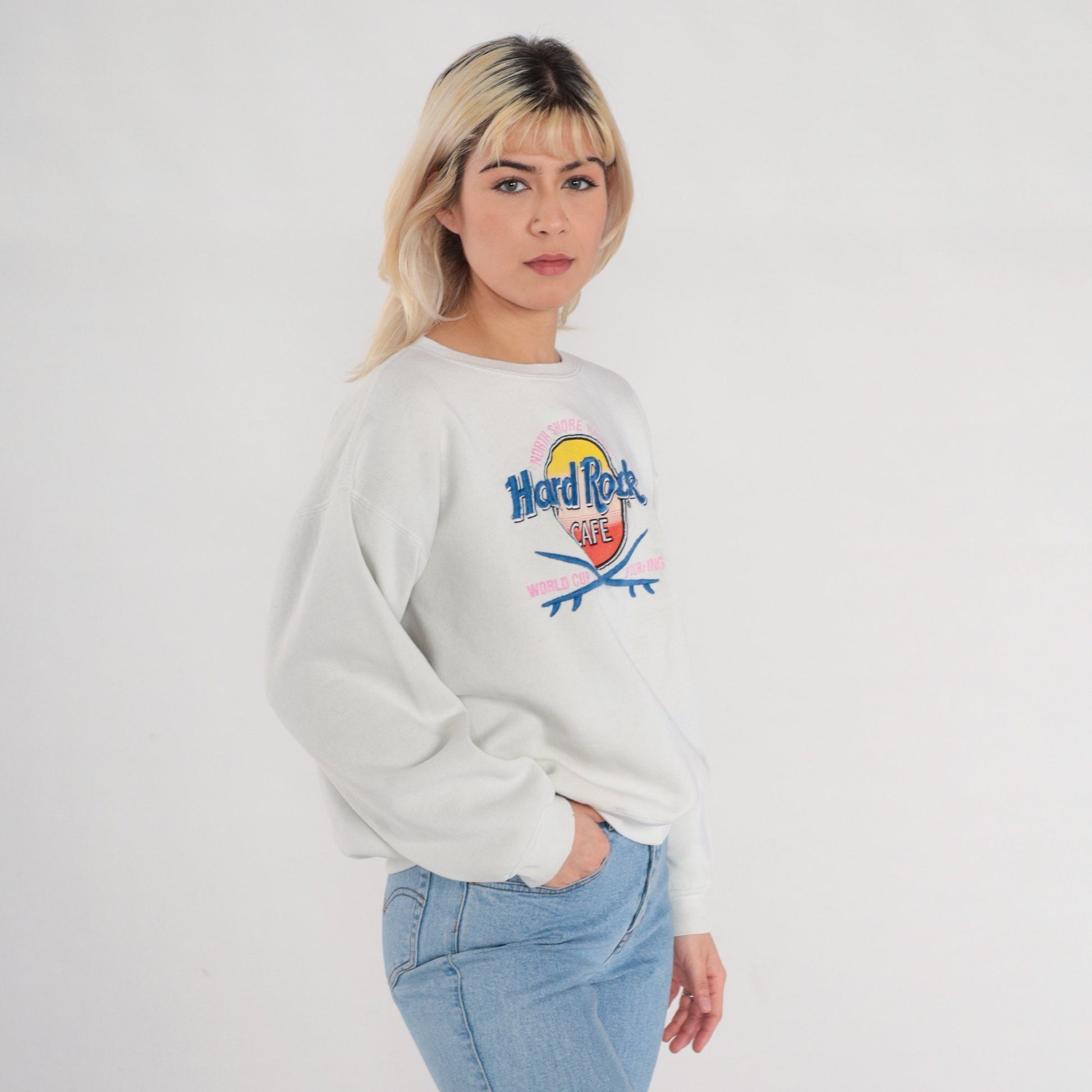 90s Hard Rock Cafe World Cup of Surfing Sweatshirt White Graphic Large L