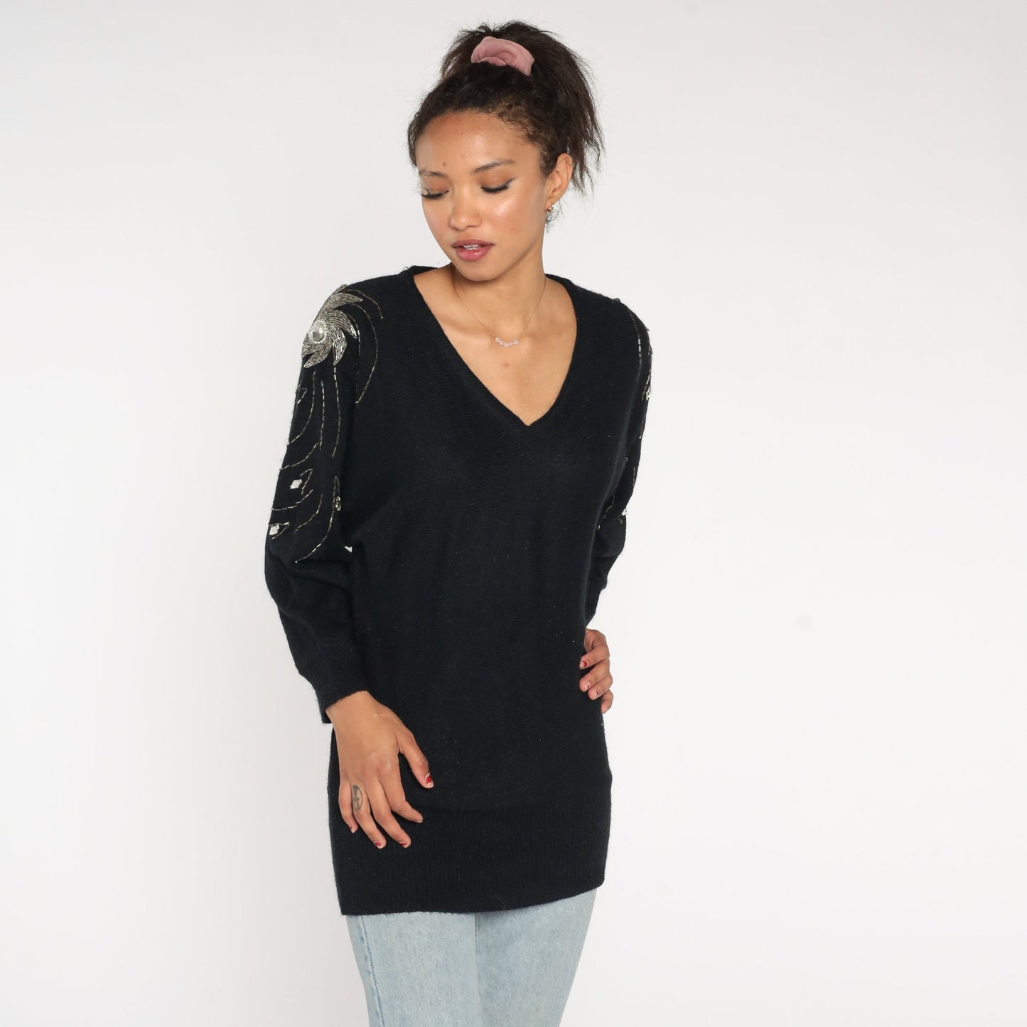 80s Black Knit Sweater Silver Beaded Swirl Dolman Sleeve Pullover Medium