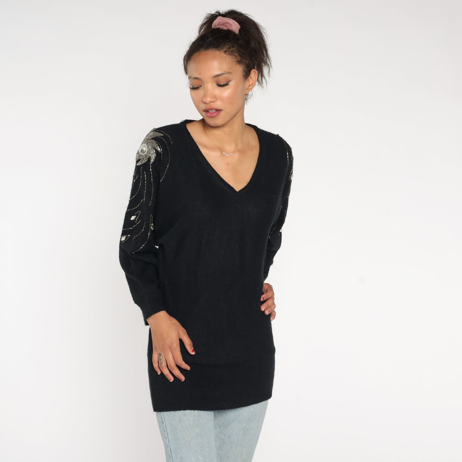 80s Black Knit Sweater Silver Beaded Swirl Dolman Sleeve Pullover Medium