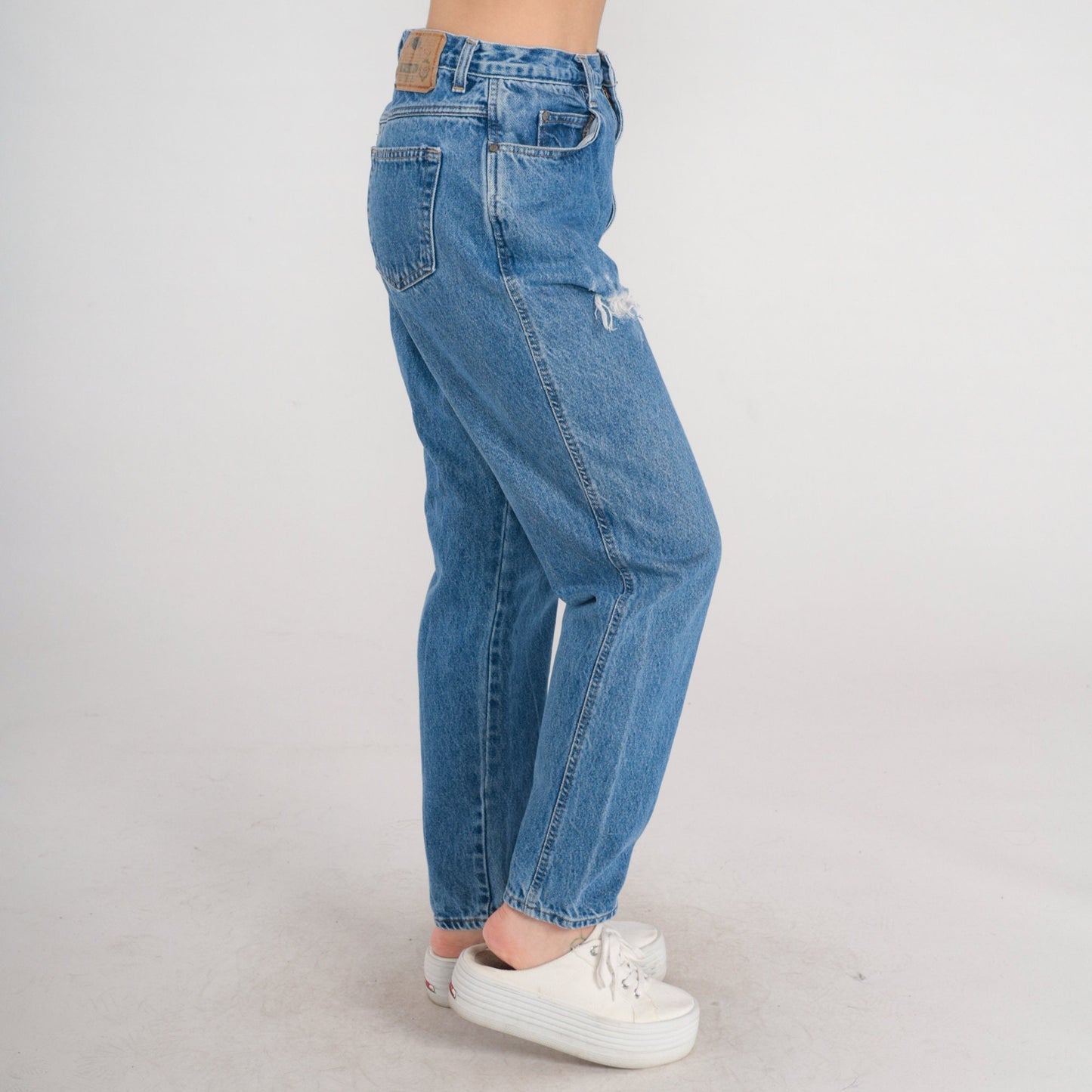 90s Gitano High-Waisted Tapered Mom Jeans Blue Denim Ripped Medium