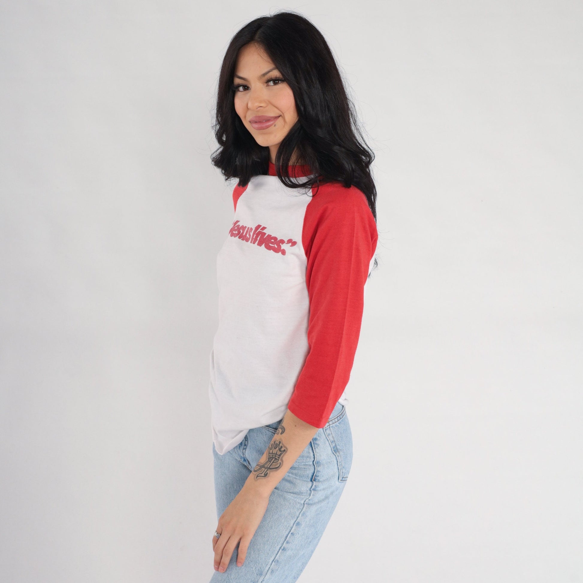 80s Jesus Lives Ringer Tee Raglan Sleeve White Red Graphic Small