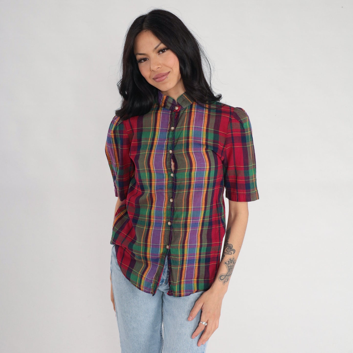 80s The Villager Checkered Blouse Puff Sleeve Button Up Red Green Purple Extra Small XS