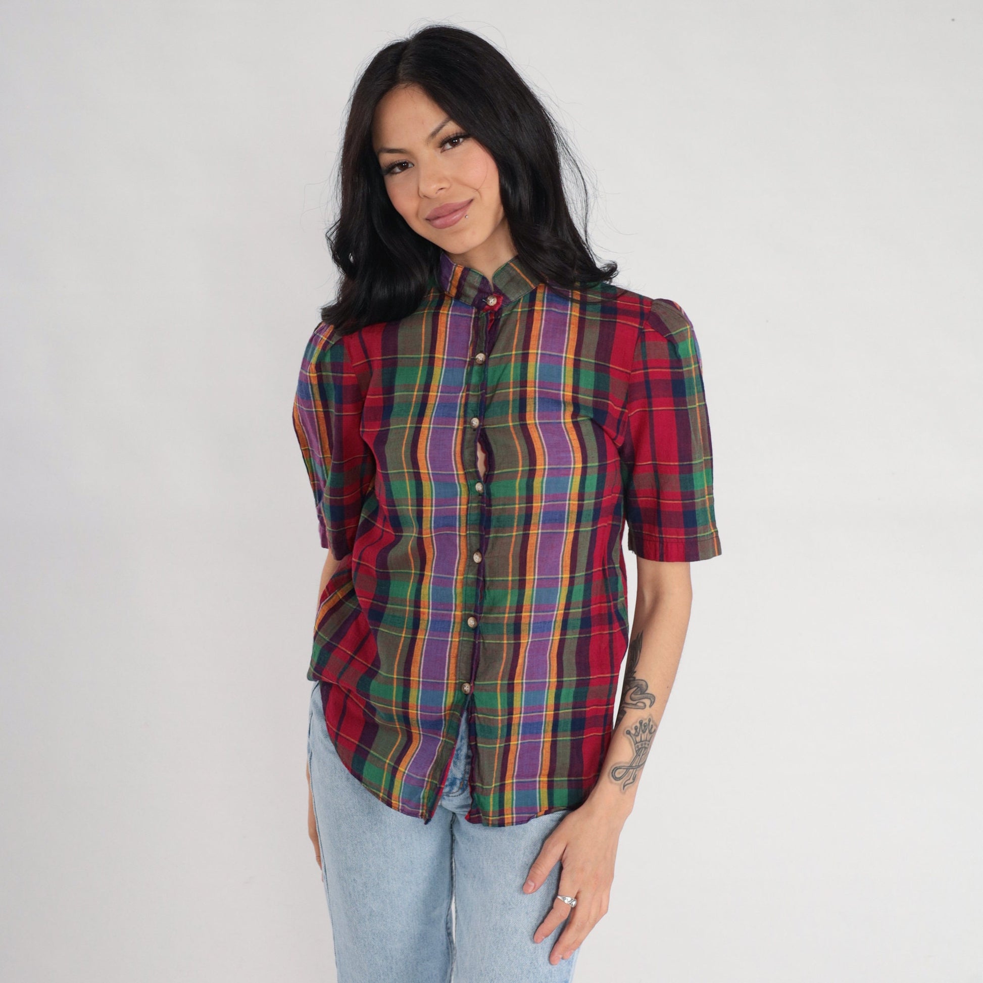 80s The Villager Checkered Blouse Puff Sleeve Button Up Red Green Purple Extra Small XS