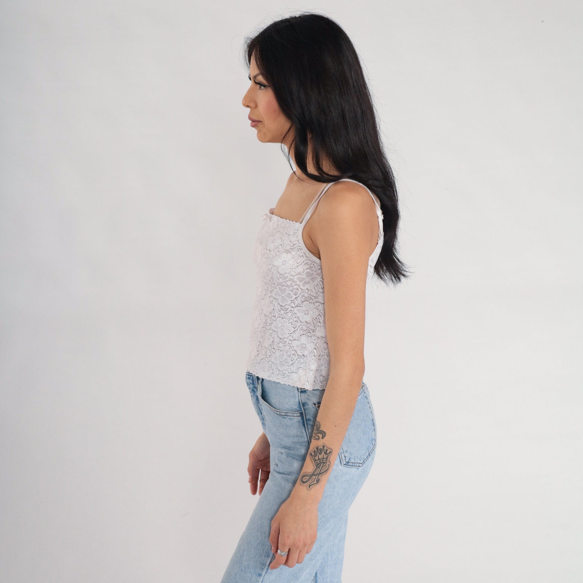 00s White Lace Camisole Spaghetti Strap Floral Trim Tank Medium