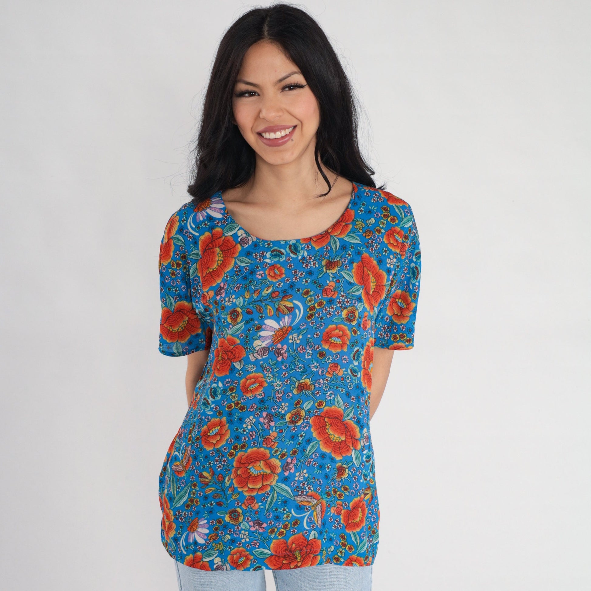 Y2K Blue Orange Floral Blouse Short Sleeve Keyhole Clasp Top Medium