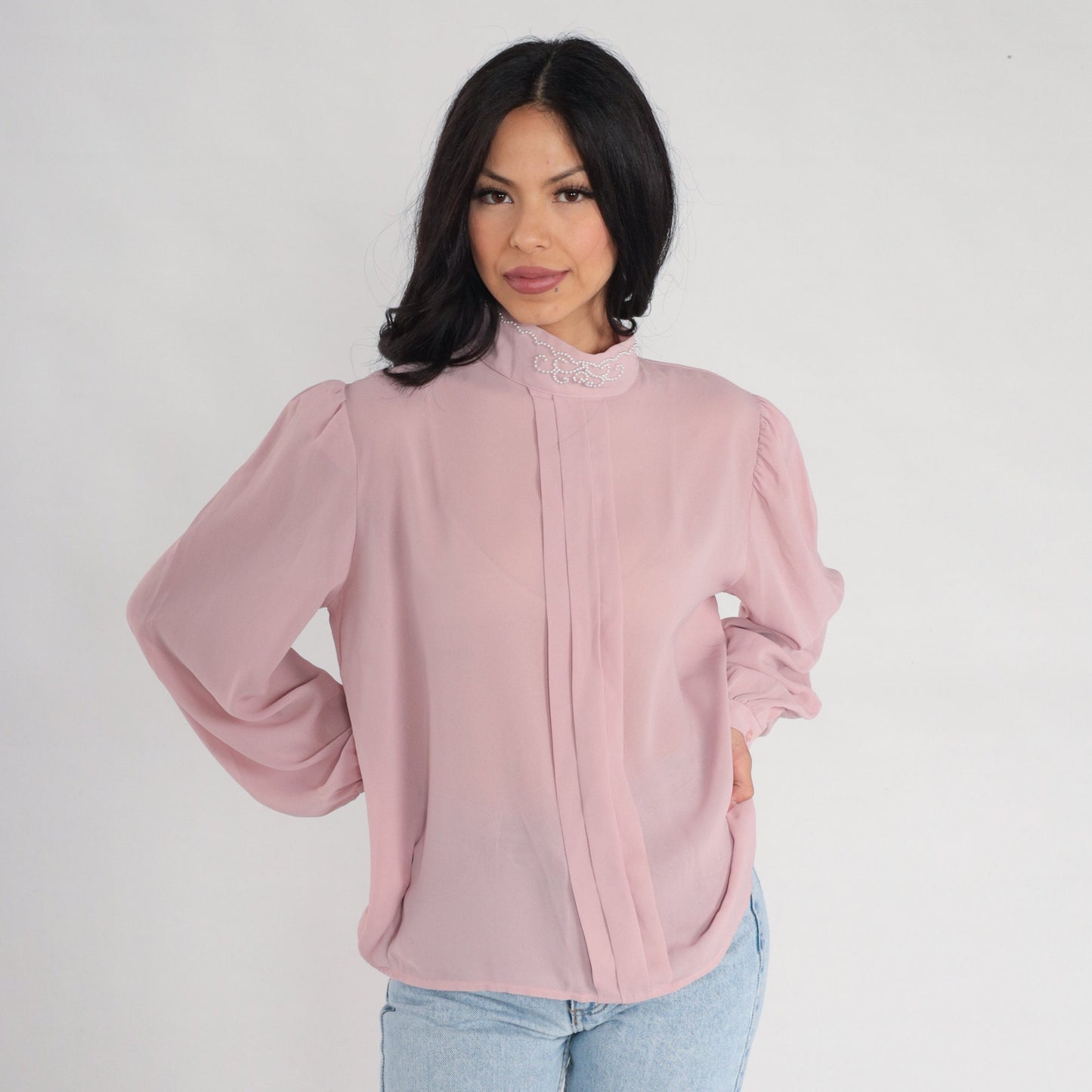 80s Pink Chiffon Blouse Puff Sleeve Beaded Pleated Mock Neck Large L