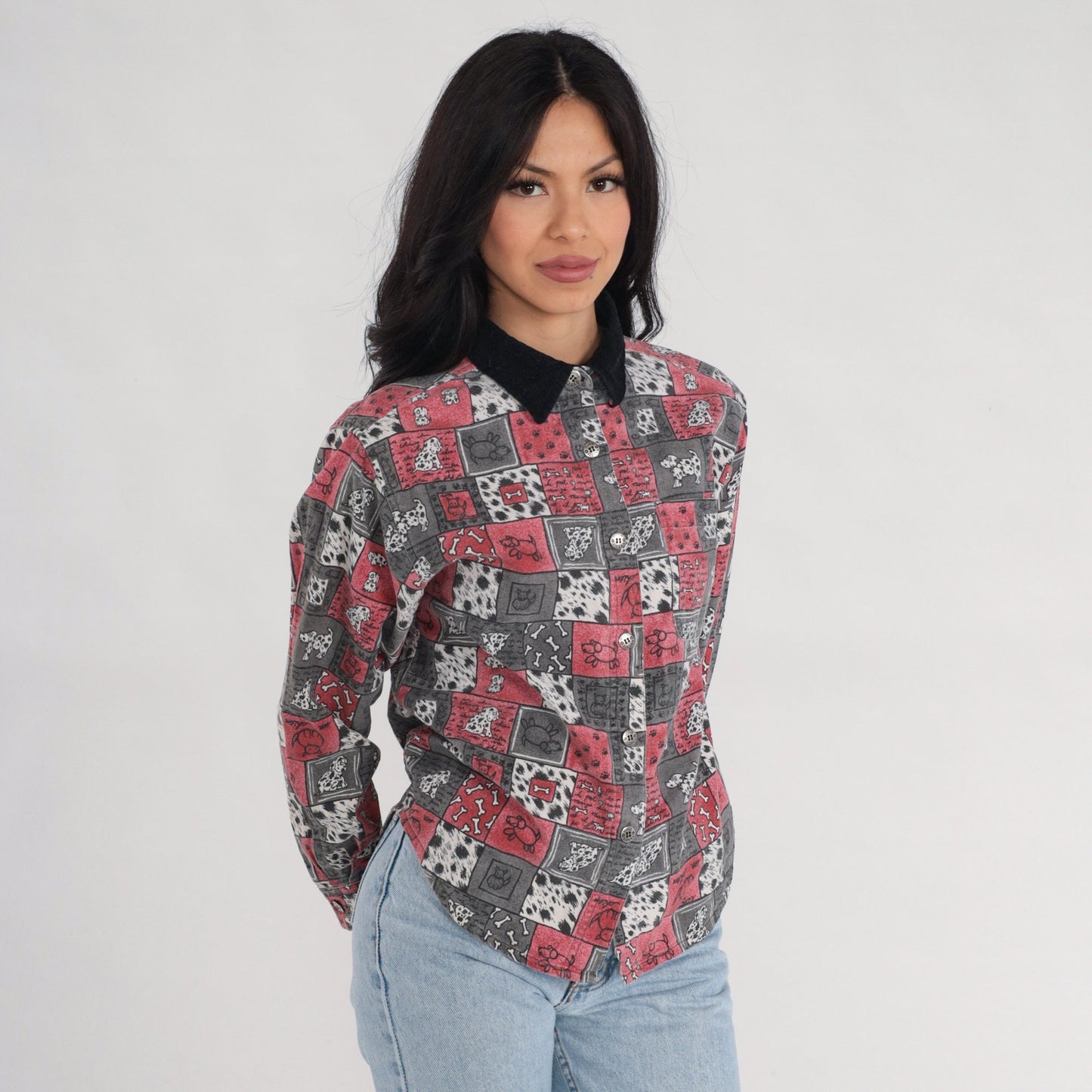 90s High Sierra Dalmatian Dog Print Button-Up Blouse Cotton Corduroy Collar Extra Small