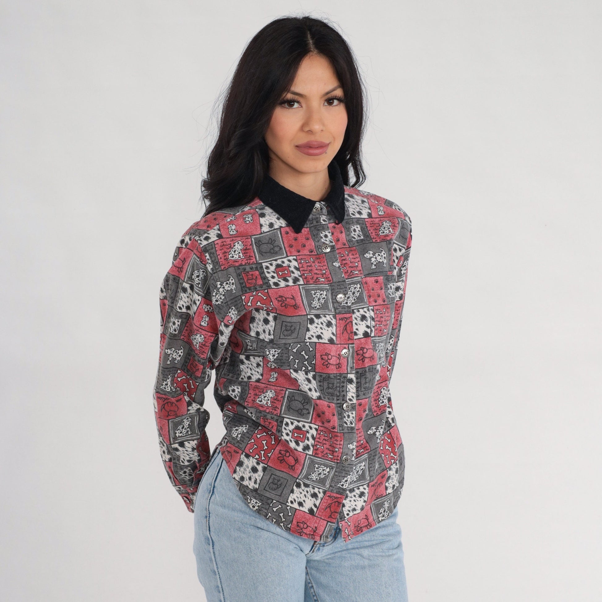 90s High Sierra Dalmatian Dog Print Button-Up Blouse Cotton Corduroy Collar Extra Small