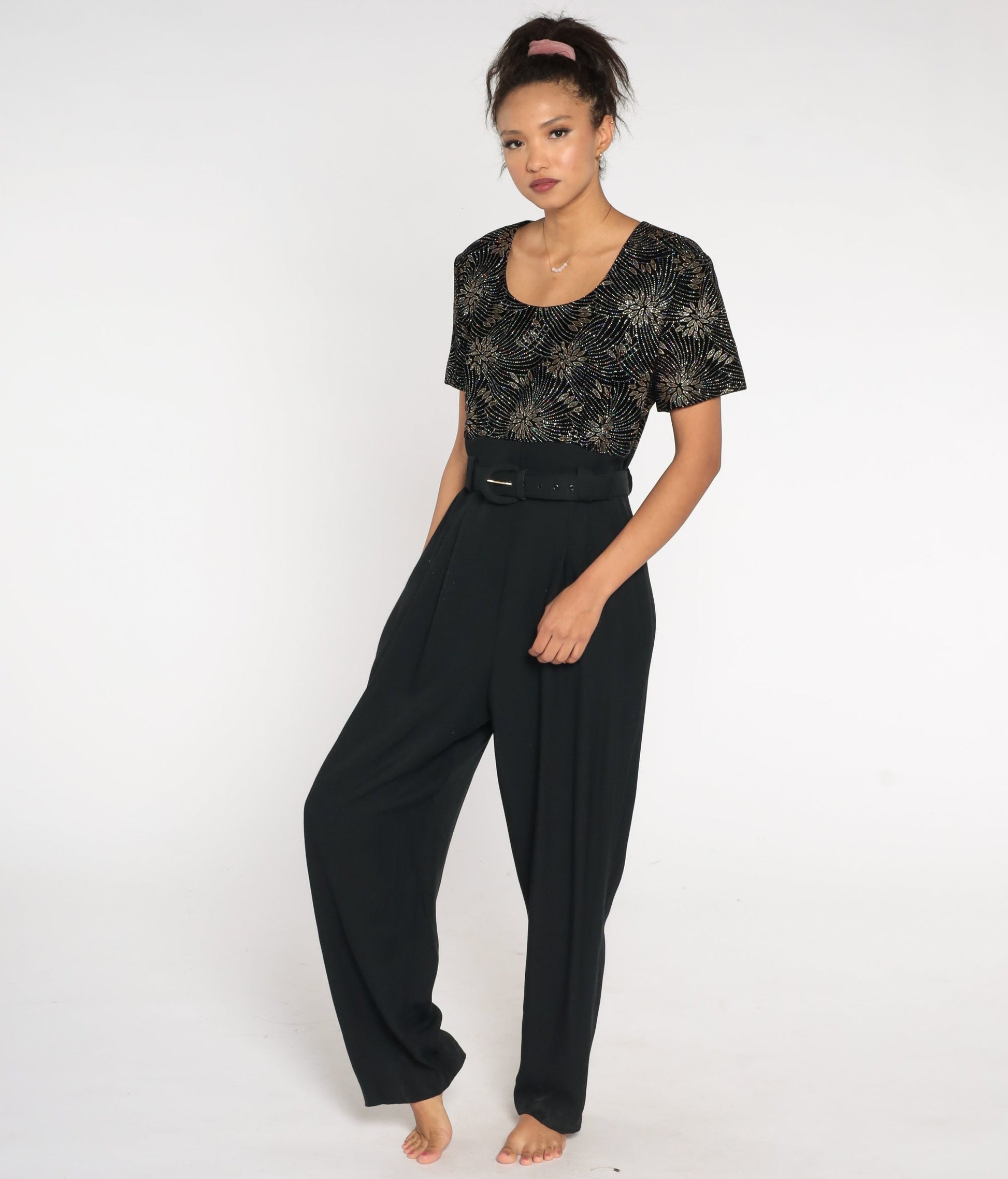 90s Black Velvet Glitter Jumpsuit High Waist Straight Leg Large