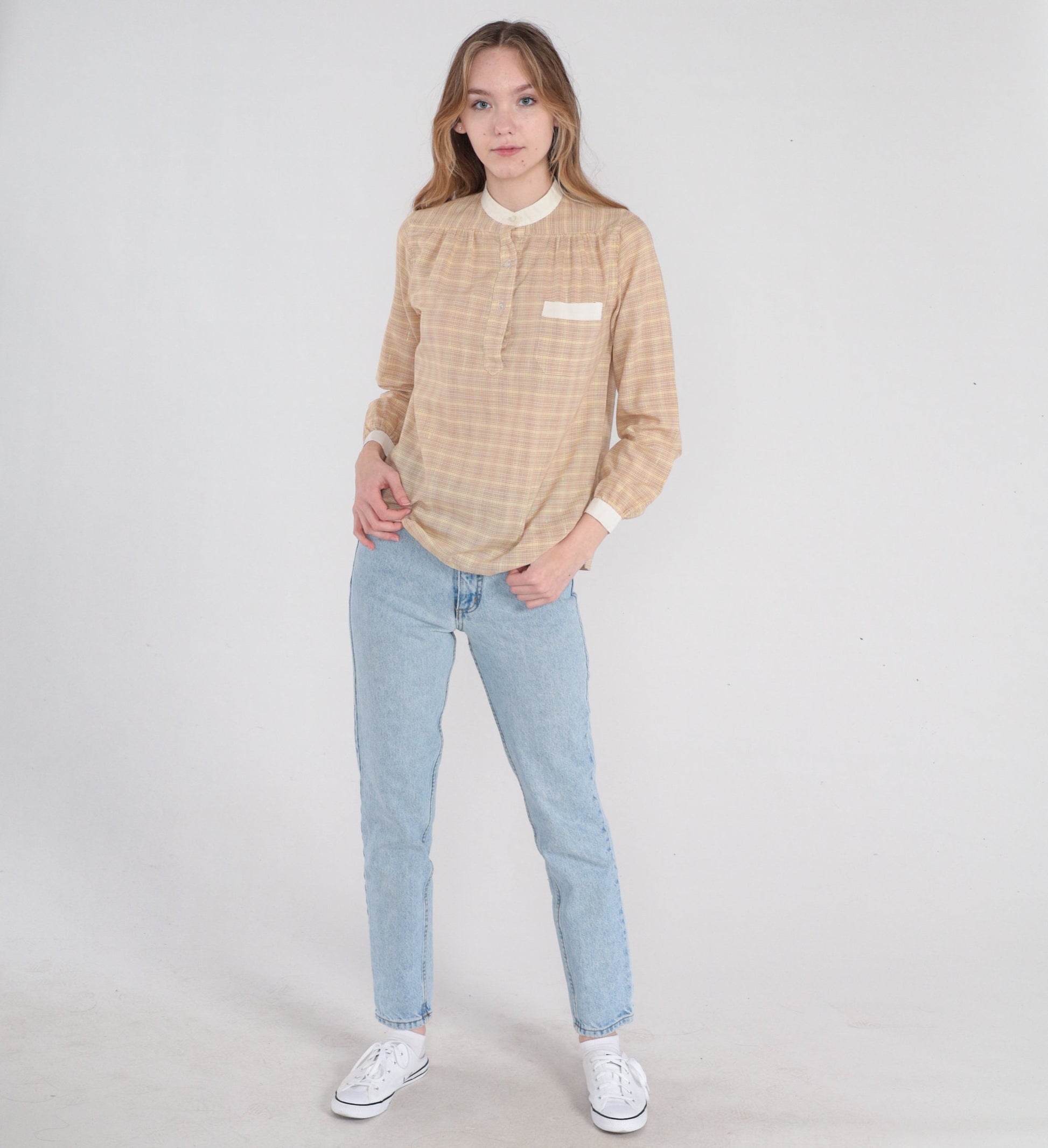 70s Plaid Half-Button Blouse Long Sleeve Checkered Shirt Tan White Small