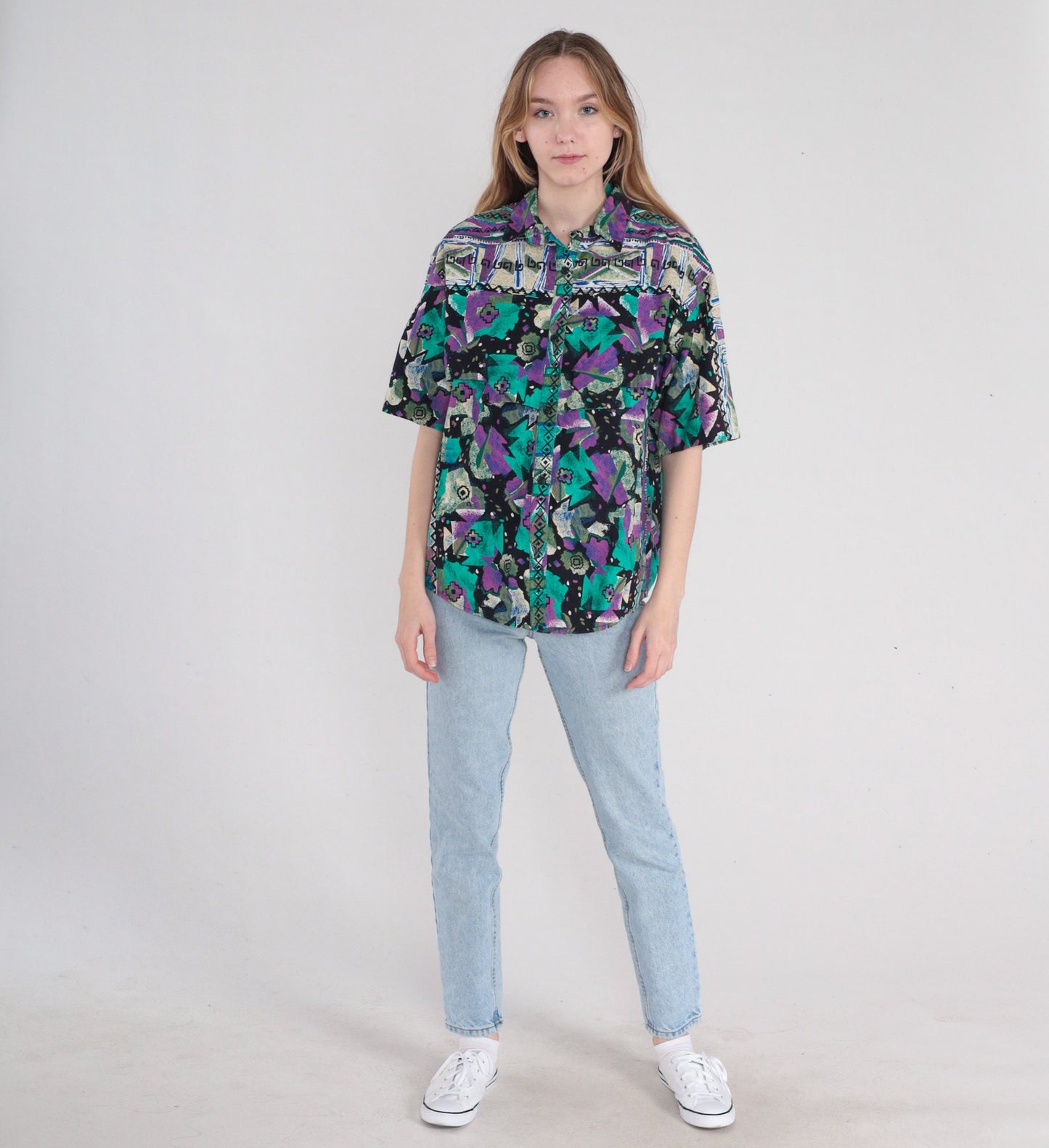 90s Southwestern Geometric Print Button-Up Blouse Black Purple Green Cotton Large