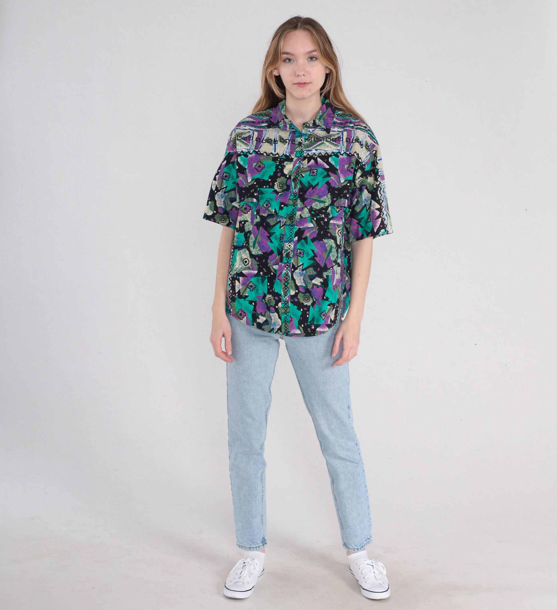 90s Southwestern Geometric Print Button-Up Blouse Black Purple Green Cotton Large