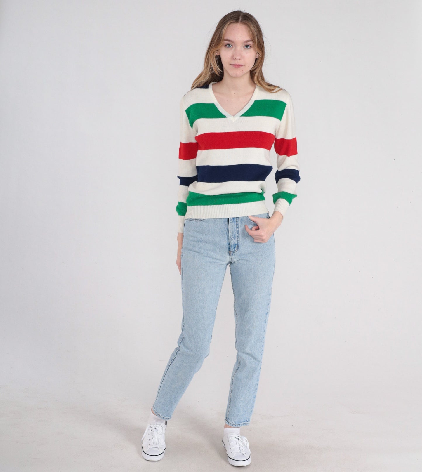 80s Striped V-Neck Sweater White Red Green Navy Pullover Small