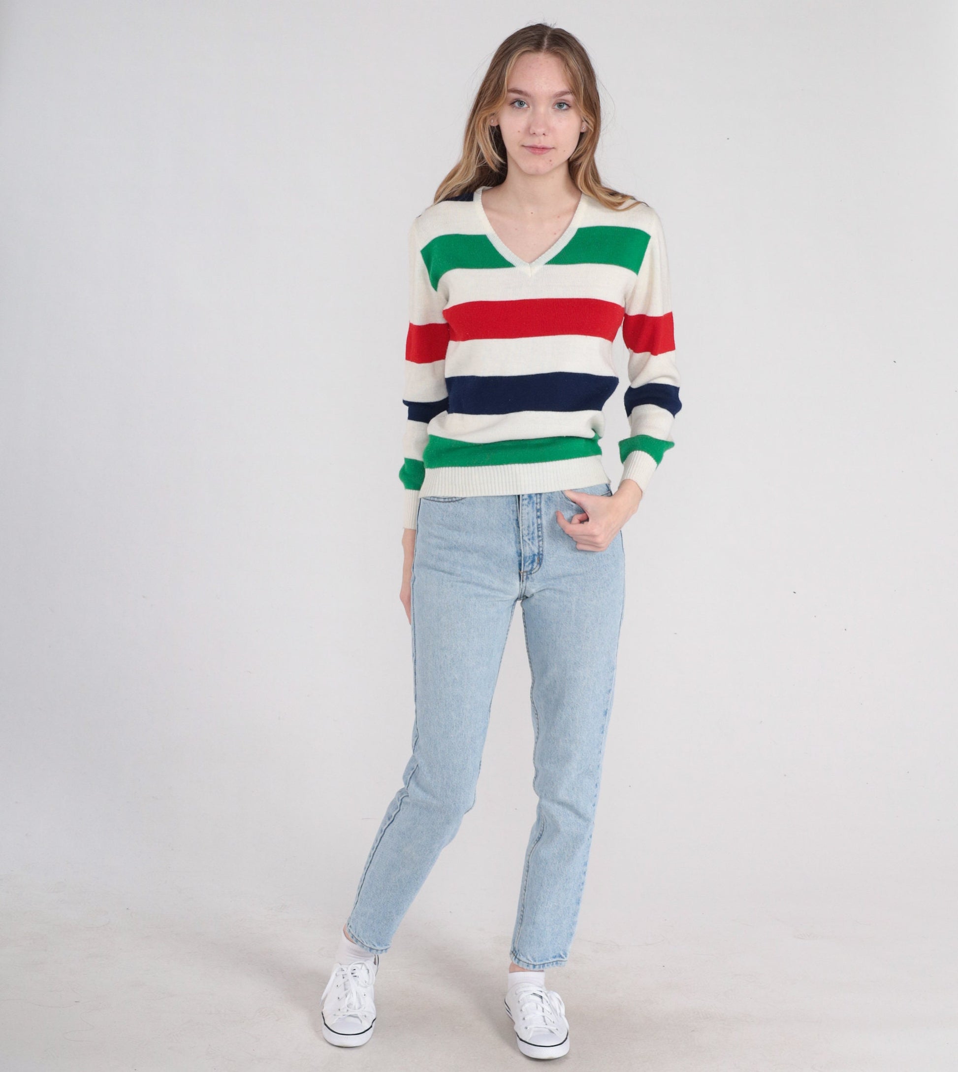80s Striped V-Neck Sweater White Red Green Navy Pullover Small