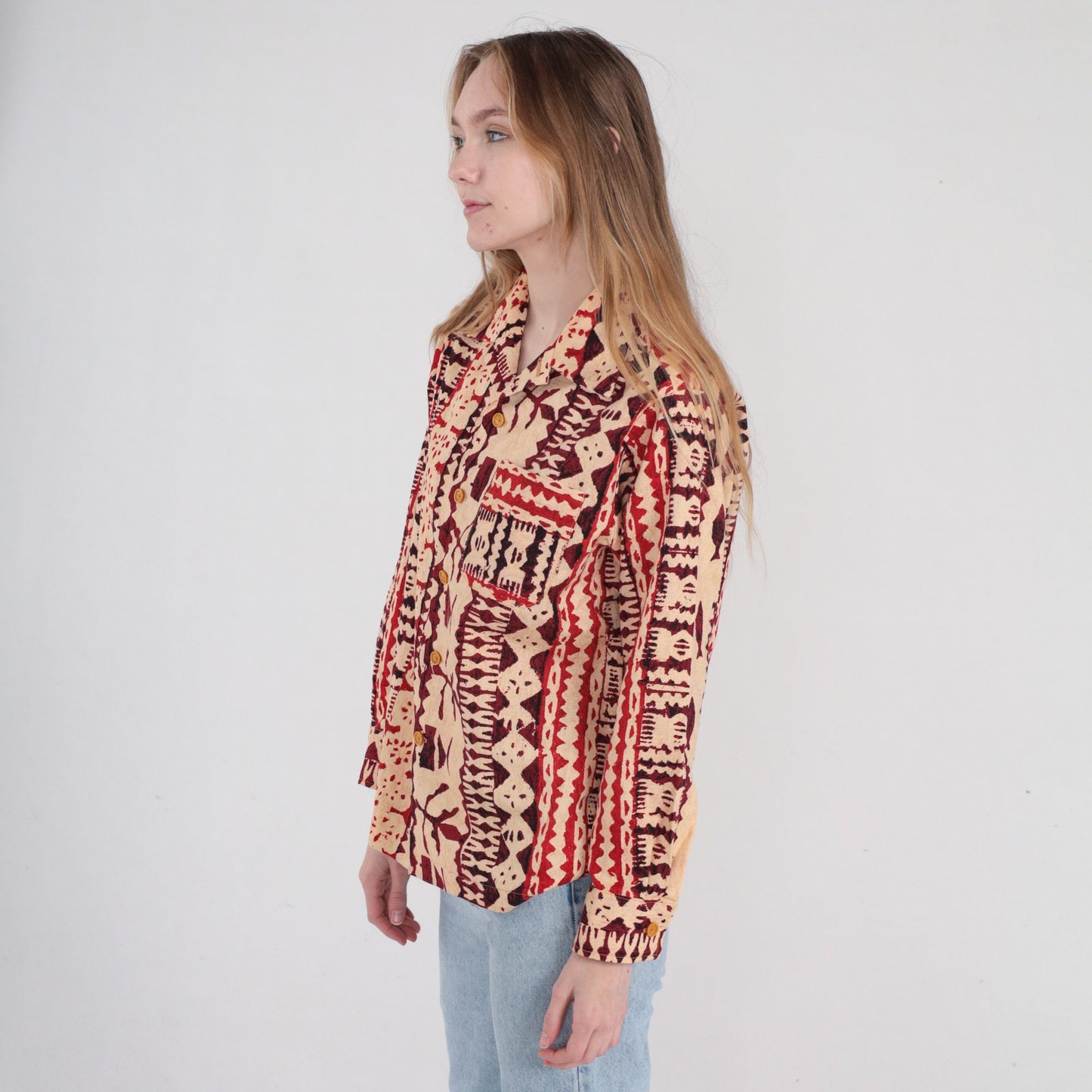 90s Batik Fish Stamp Print Button-Up Shirt Tan Red Long Sleeve Medium