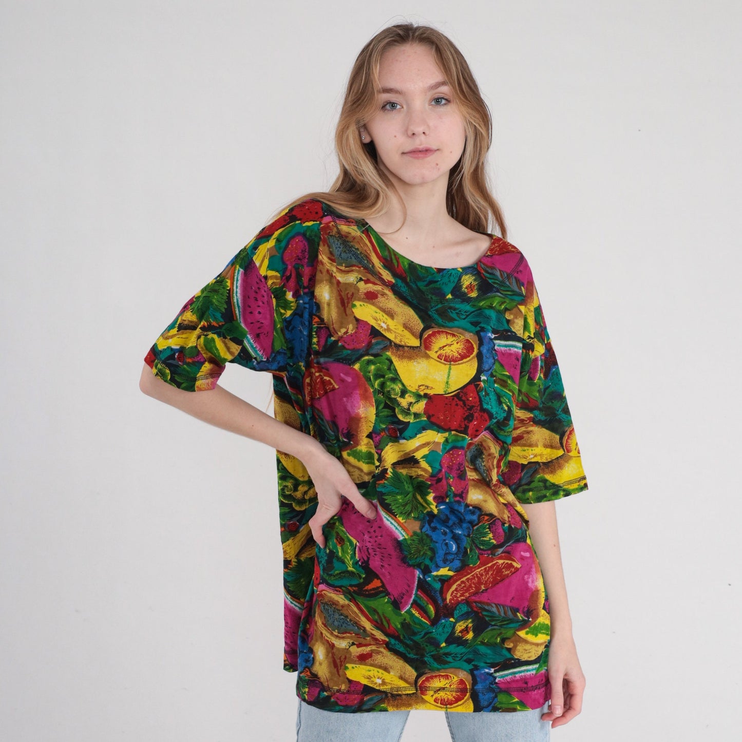 90s Fruit Print Cotton Tunic Blouse Watermelon Grape Colorful Short Sleeve Medium