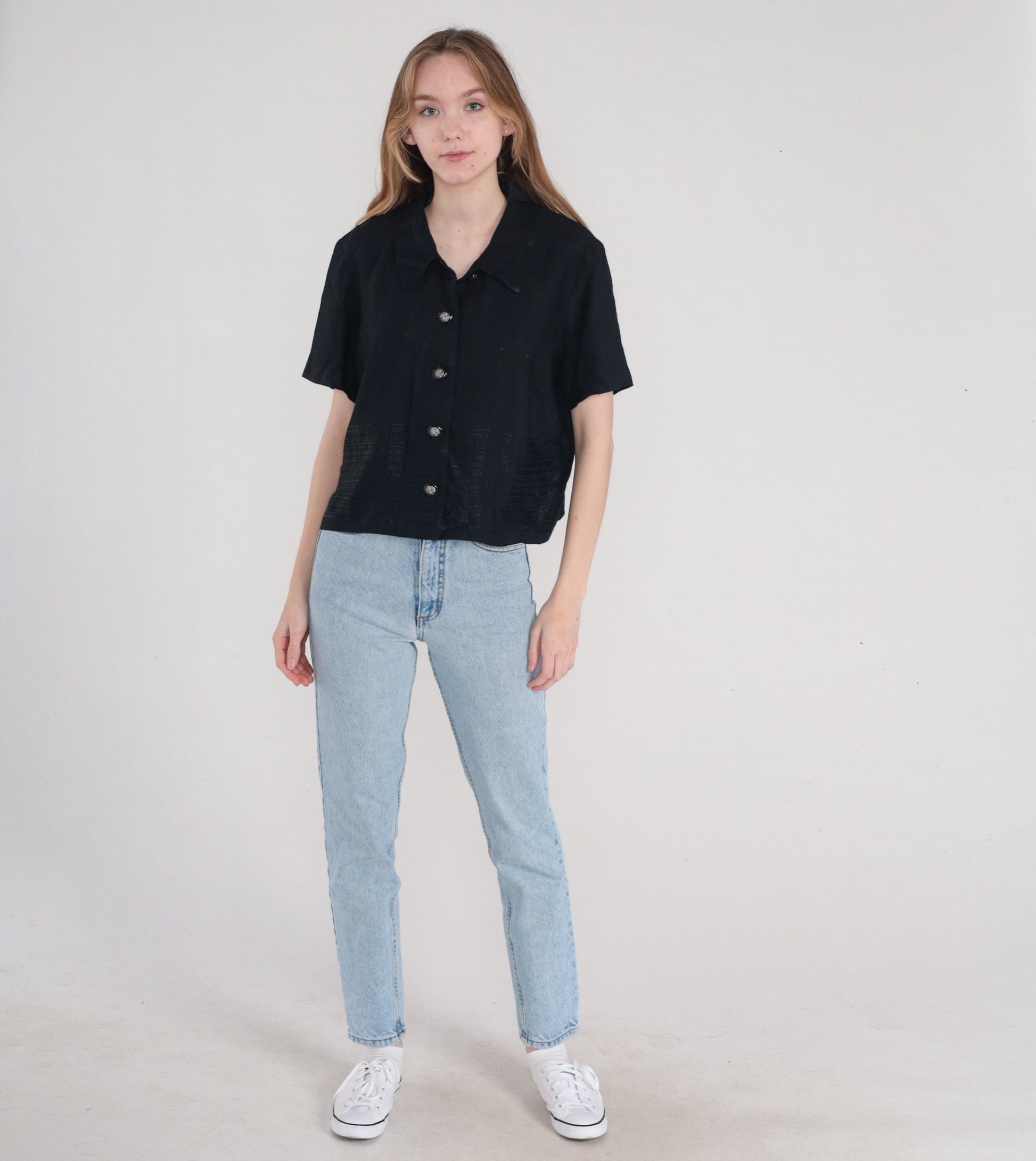 90s Black Button-Up Blouse Shiny Striped Short Sleeve Large L