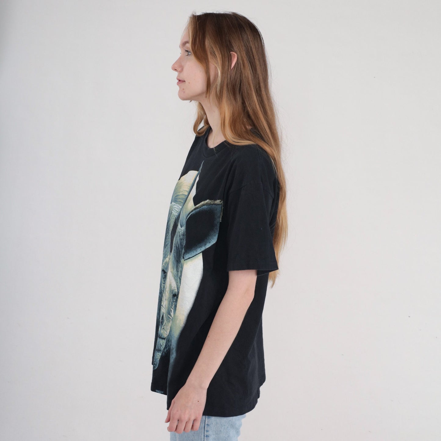 90s Rhino Animal Graphic T-Shirt Black Cotton Wildlife Print Large L