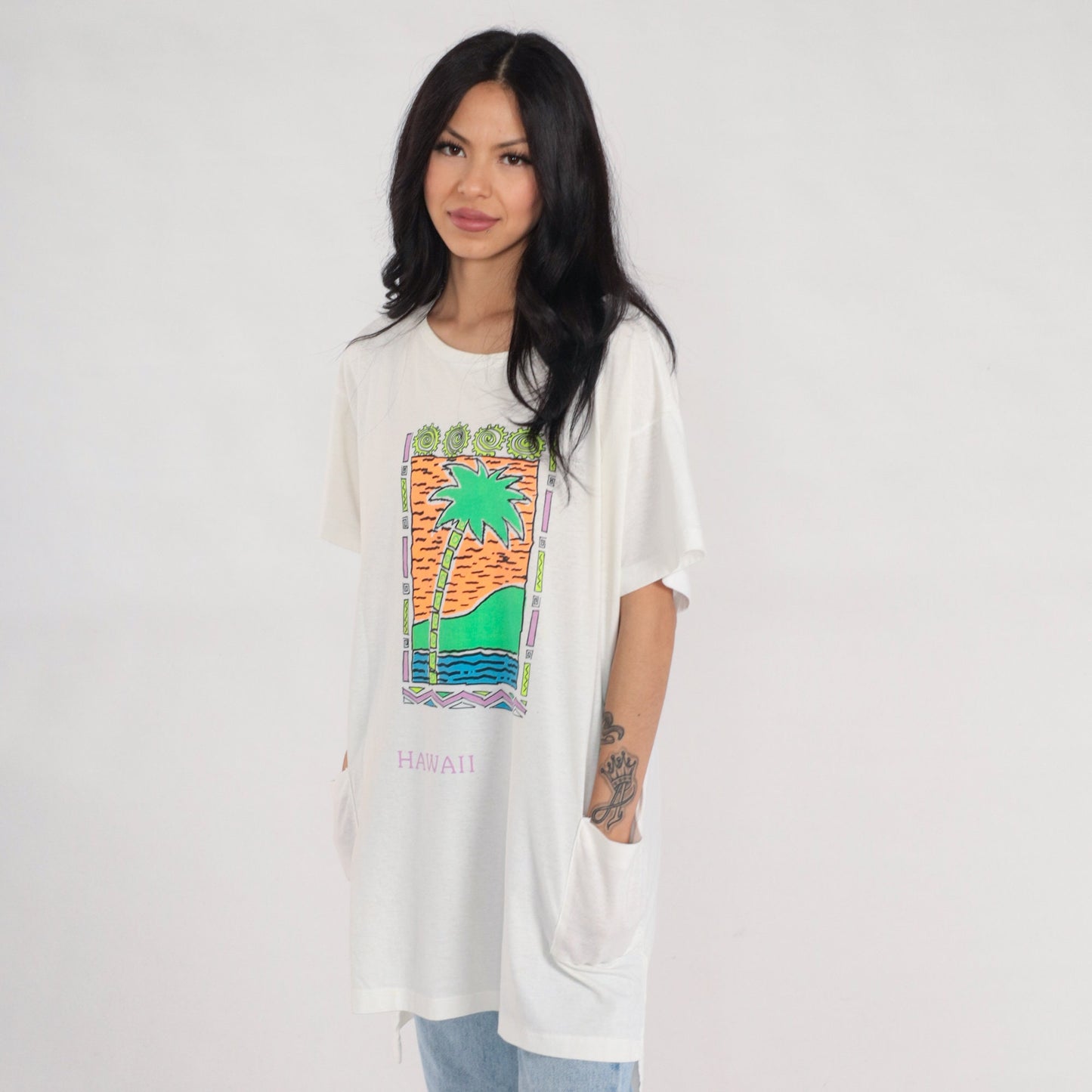 90s Hawaii Palm Tree Graphic T-Shirt Dress White Tropical Print Medium Large